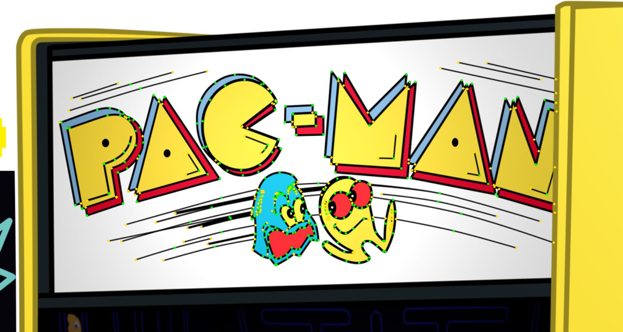 A picture of the Pac-Man arcade drawing that shows the vector dots that make up the linework