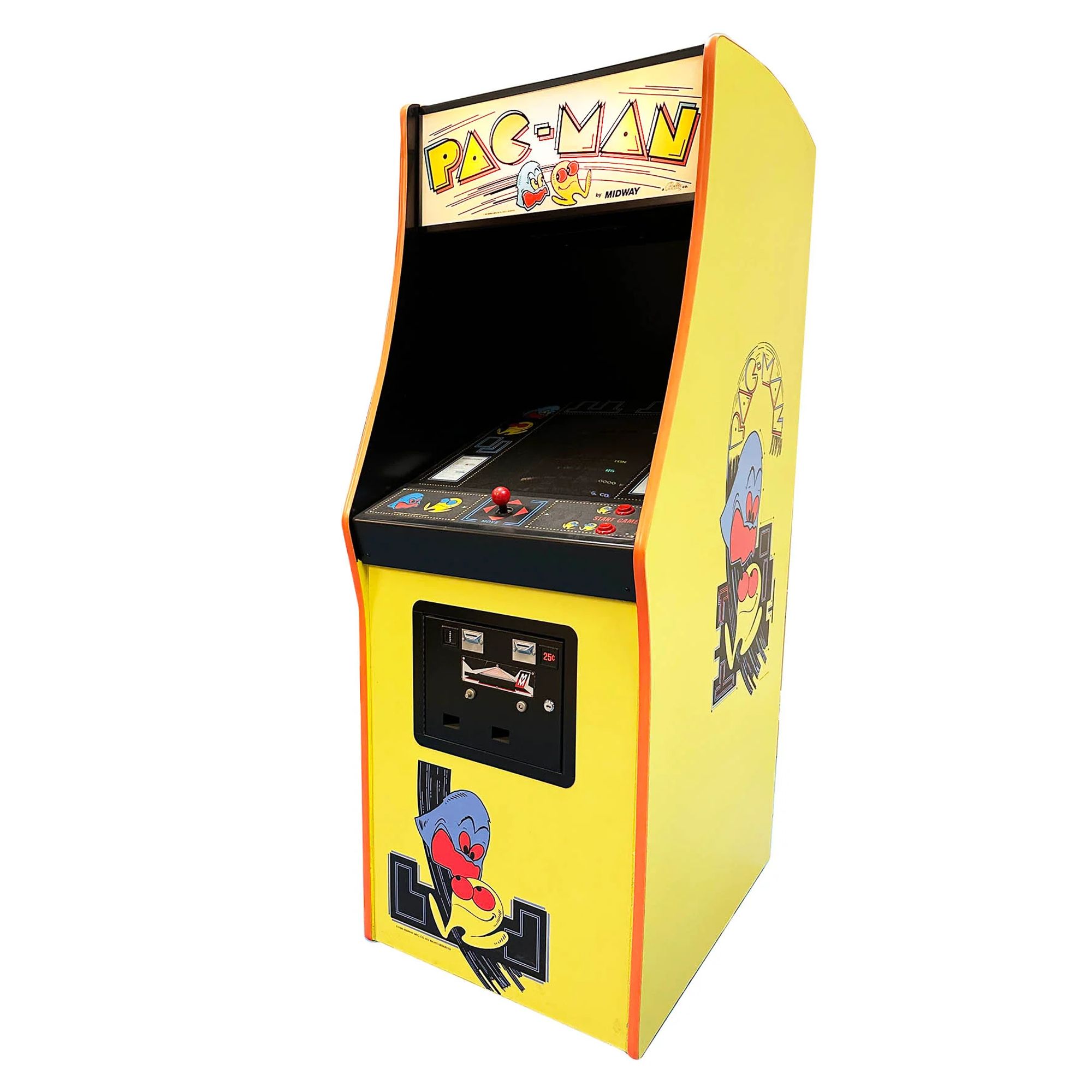 A 45 degree angle picture of the 1980 Pac-Man arcade cabinent 