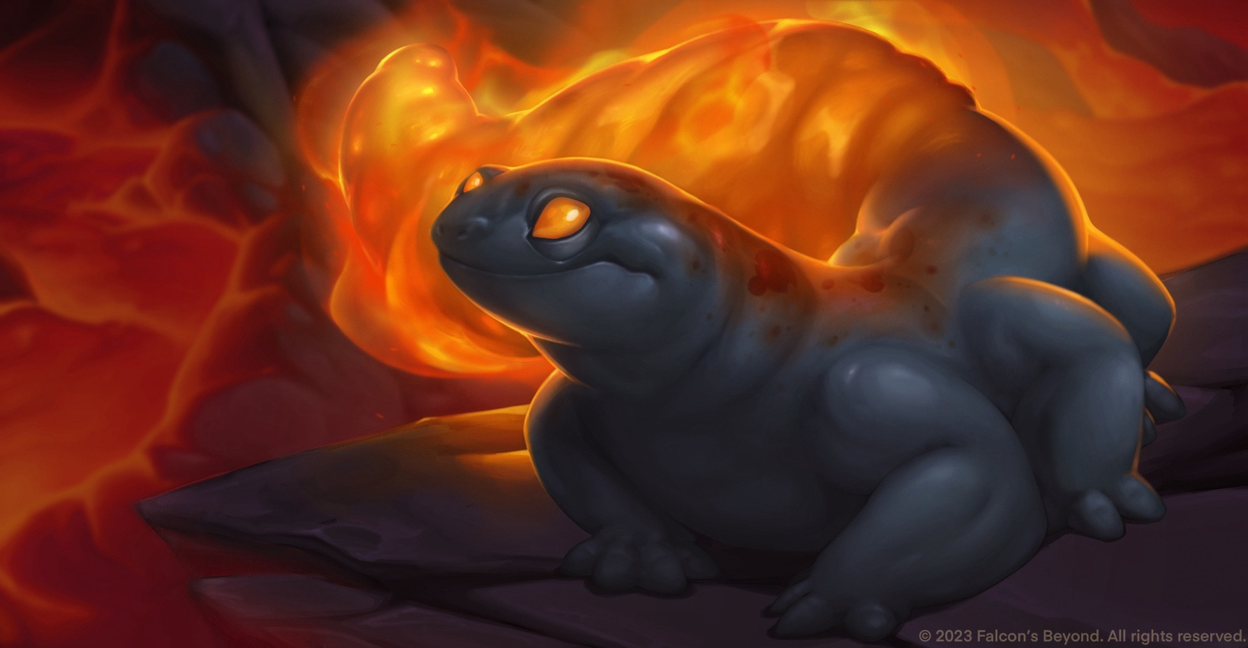 Lava salamander creature standing on a rock in a lava pool. 