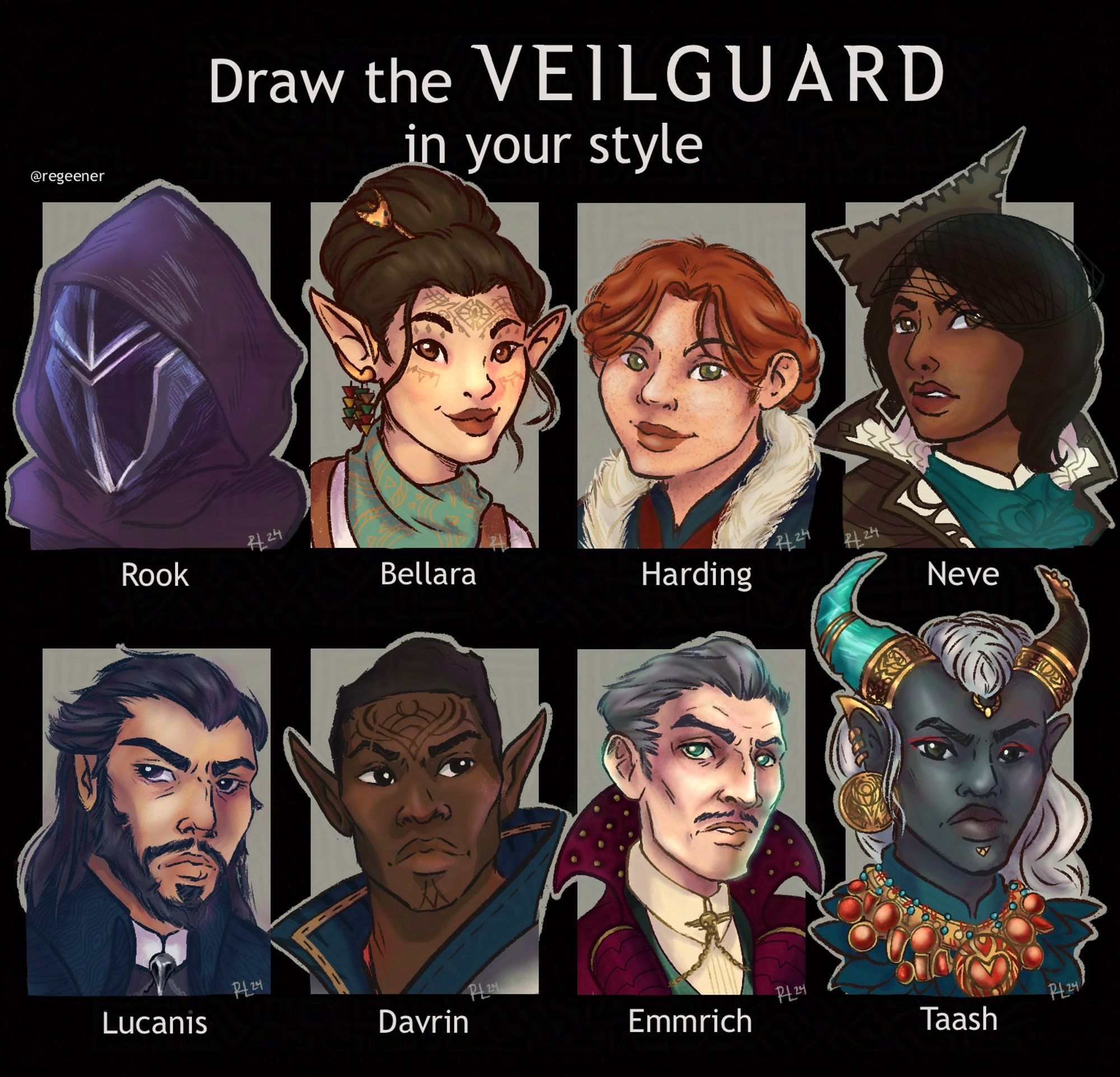 series of 8 drawn busts of the companions from the upcoming game Dragon Age: the Veilguard on a black and grey background with their names underneath