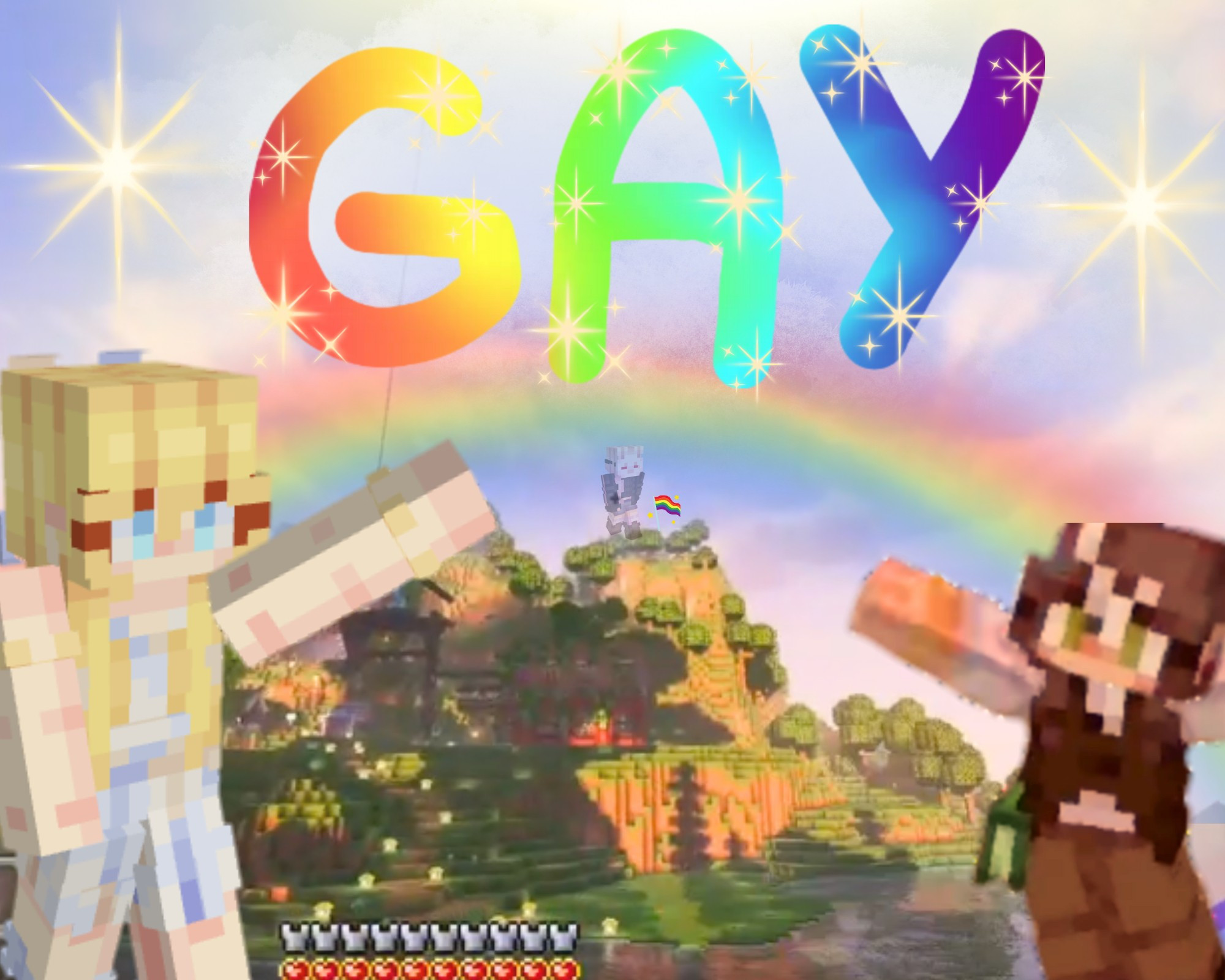 ENG - Ana and Cherry's cubito pointing a rainbow in the sky aswell and rainbow letters saying "gay" (with a small Lea and rainbow flag in the background)

PTBR - Os cubitos de Ana e Cherry apontam um arco-íris no céu e letras de arco-íris dizendo “gay” (com uma pequena bandeira da Lea e do arco-íris ao fundo)