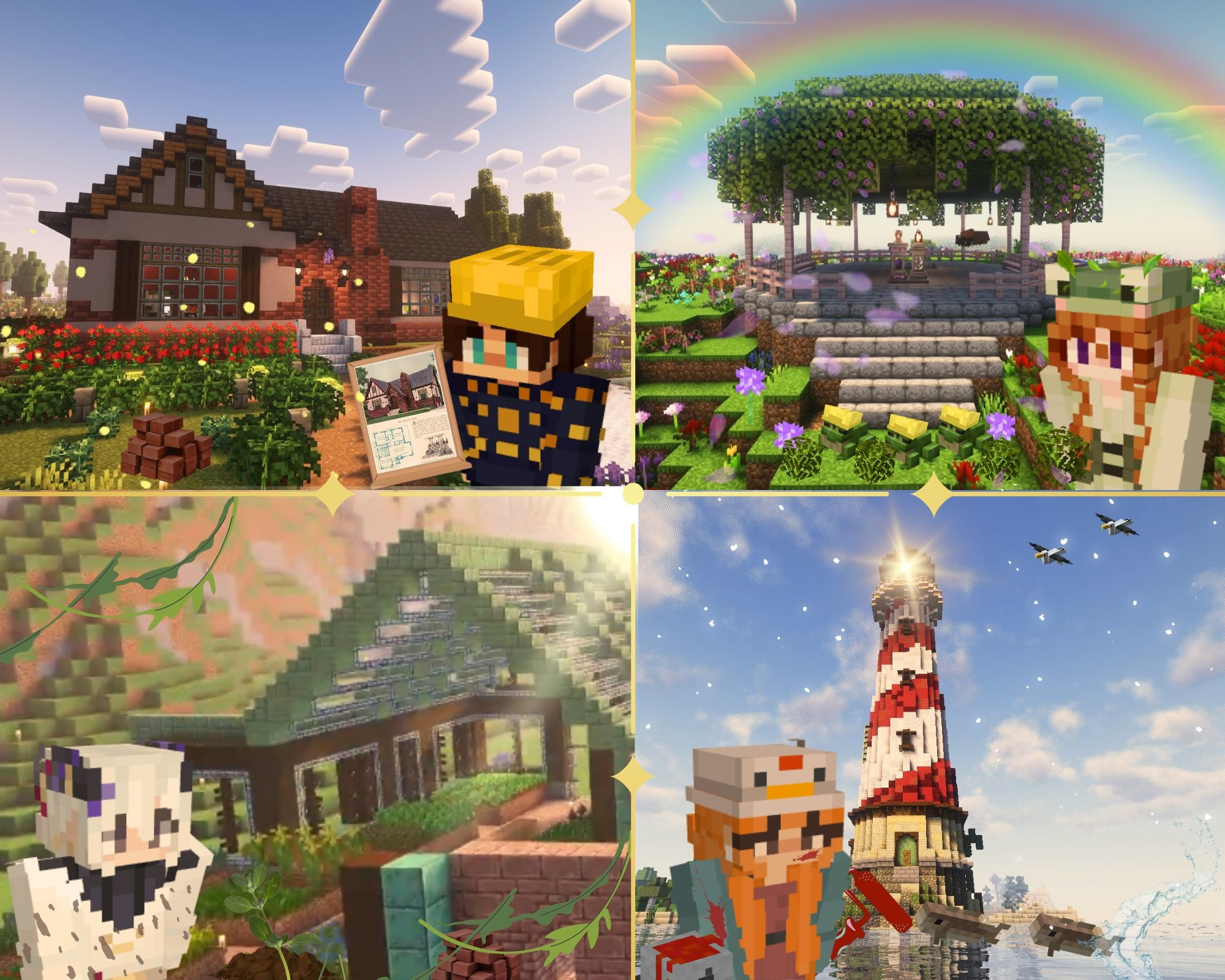 ENG - Hoot's house, Luh's house, Void's greenhouse and Amora's lighthouse are showcased with all of them next to their build with builders' stuff

PTBR - A casa de Hoot, a casa de Luh, a estufa de Void e o farol de Amora são exibidos com todos eles ao lado de suas construções com coisas de construtores