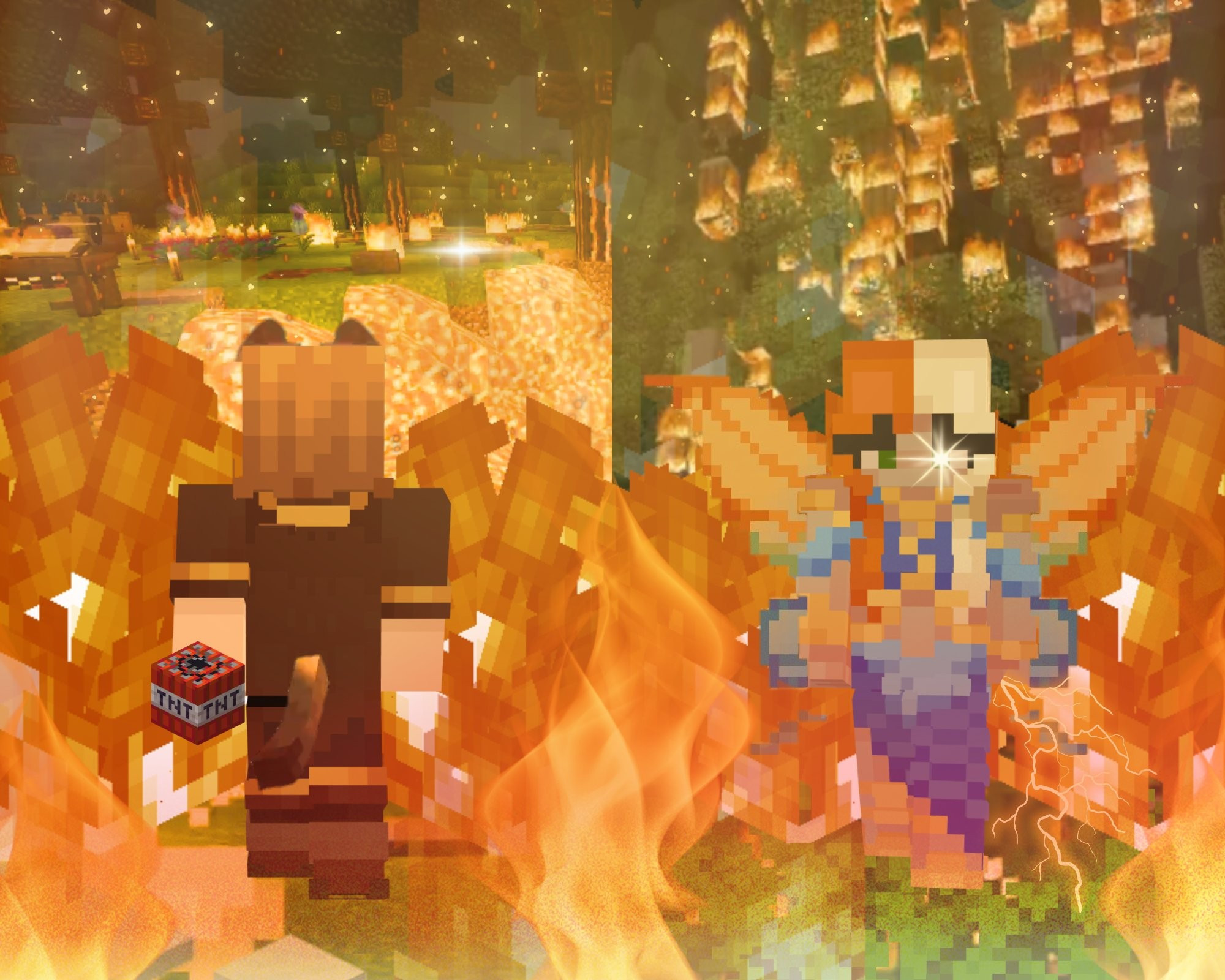 ENG - In the left, Jean watching his domain flooded with lava with flames everywhere, standing from behind and holding tnt. In the right, Ryan facing forward while a forest burns behind her, with lightning in her hand and a glowing eye.
Two different flames of the same fire...

PTBR - À esquerda, Jean observando seu domínio inundado por lava com chamas por toda parte, em pé por trás e segurando o tnt. À direita, Ryan olhando para frente enquanto uma floresta queima atrás dela, com um raio em sua mão e um olho brilhante.
Duas chamas diferentes do mesmo fogo...