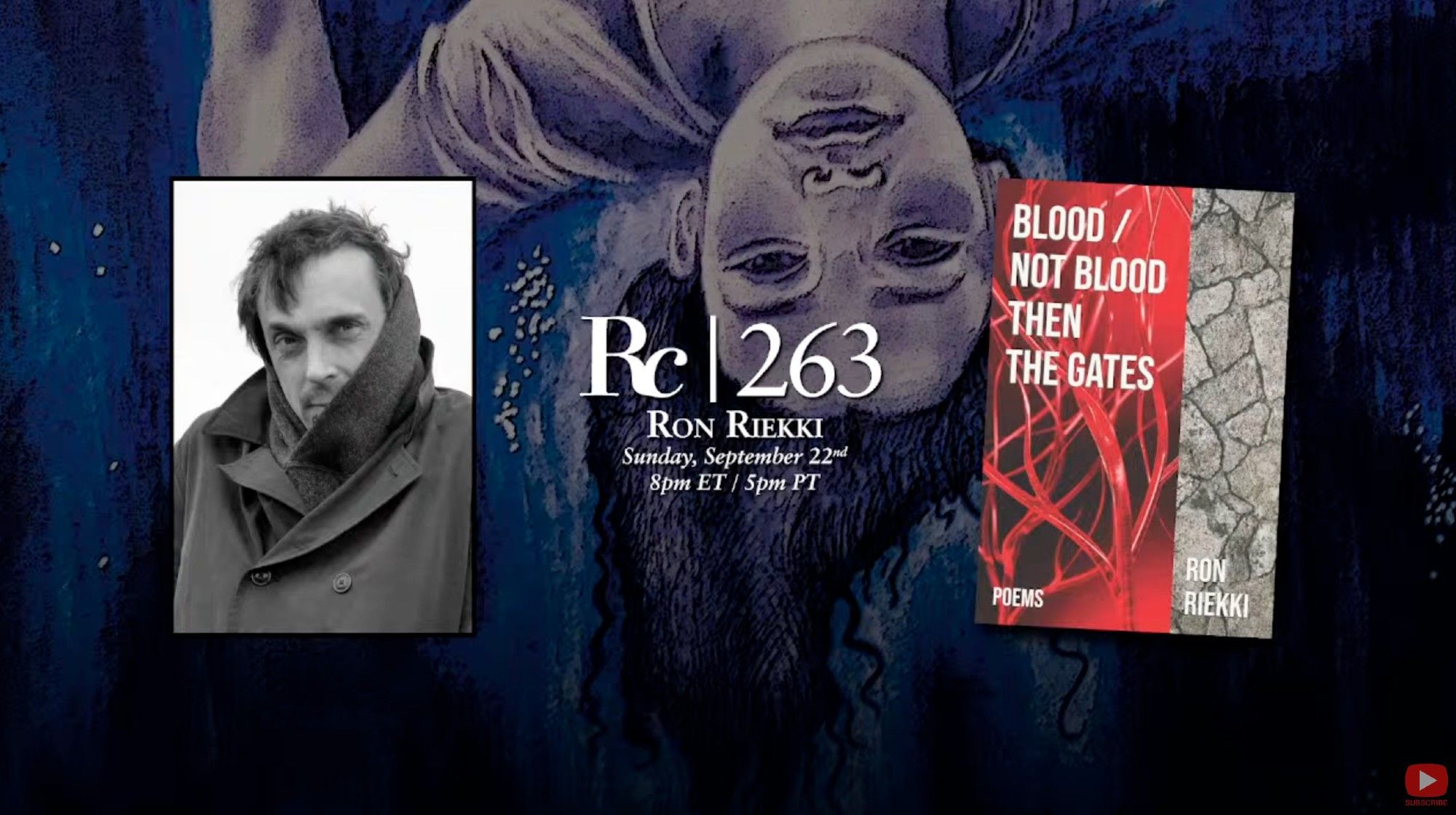 "Rattlecast" title screen for episode No. 263, conducted Sun., Sept. 22, 2024 with Middle West Press poet Ron Riekki. Author photo on left. Book cover on right is titled "Blood / Not Blood ... Then the Gates." Cover depicts abstracted blood circulatory system, alongside gray fieldstone pavement pattern.