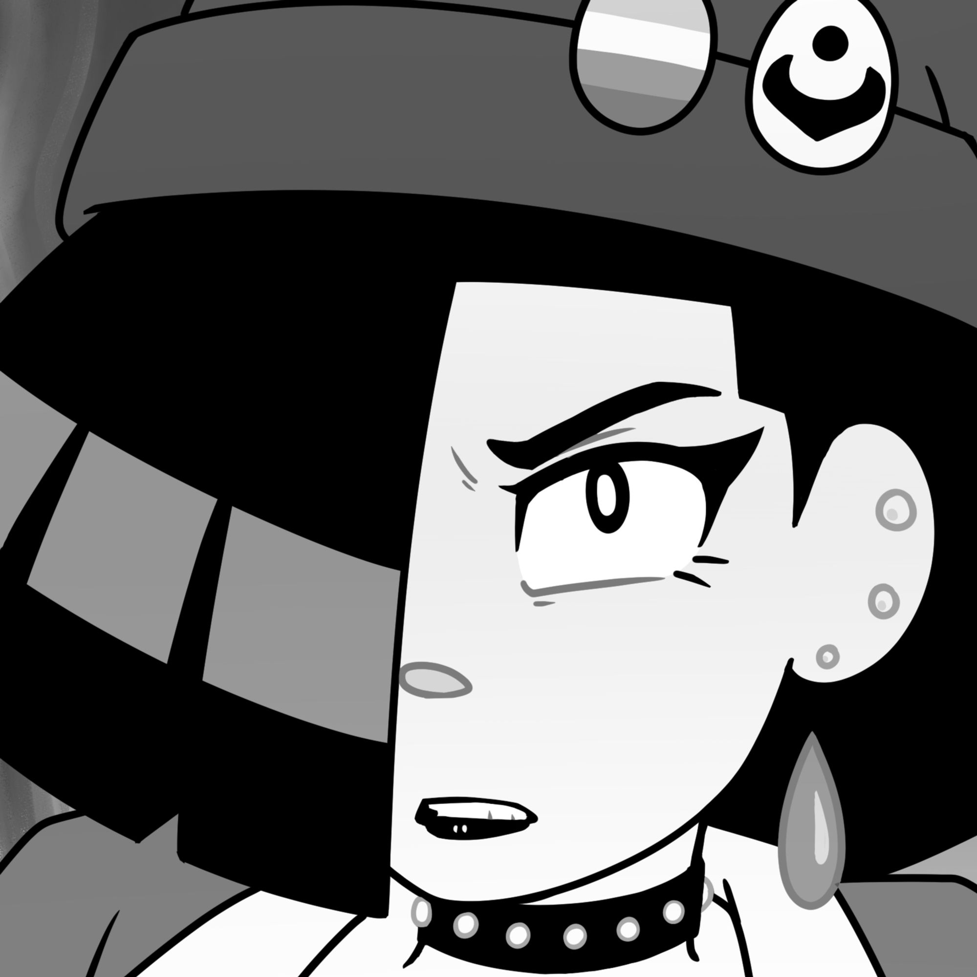 Cropped comic panel depicting a young goth-style woman glaring at the viewer. Character is Liv Mareluna, from my webcomic, 7Eves. She has short dark hair which covers the right half of her face. Liv is wearing a knit cap decorated with pins in place of her usual witch's hat, with multiple ear piercings and a studded choker. She looks very angry, with her single visible eye being the focus.