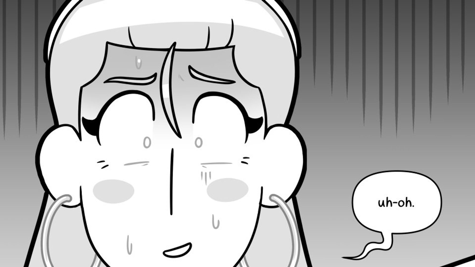 Cropped comic panel depicting Hazel making a comically distressed face, with wide eyes, tiny pupils and a very small nervous smile. She has a look of dread, beads of sweat forming on her face as she whispers, "uh-oh."