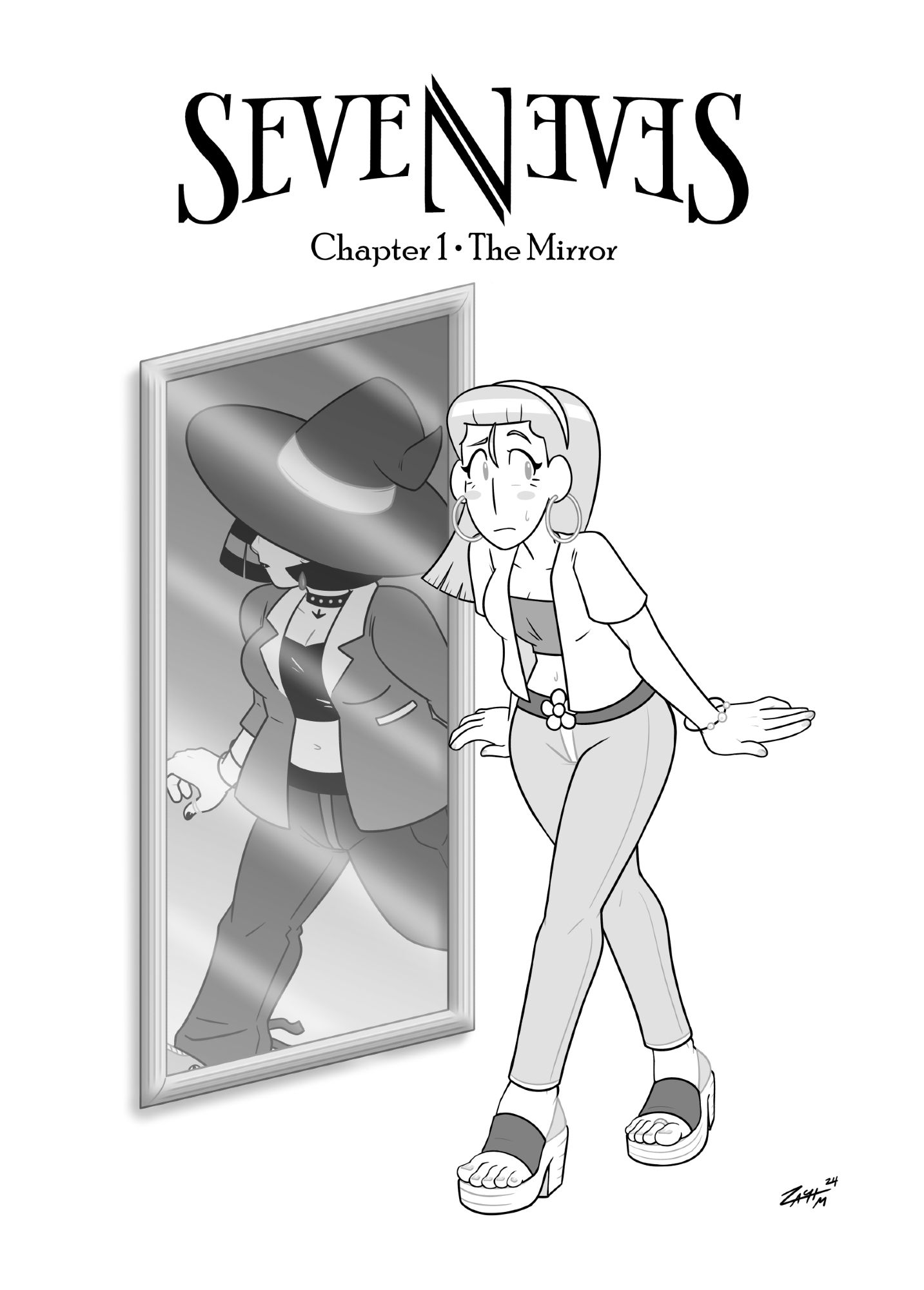 Title card for 7Eves Chapter 1 - The Mirror. A young woman with long hair and hoop earrings (Hazel Woods) is walking past a mirror cautiously. She's wearing an opened button up shirt with a crop top underneath, tapered jeans, and platform wedge sandals. Instead of her reflection in the mirror, we see a short goth-styled young woman wearing a witch's hat (Liv Mareluna), looking away as she walks. She's wearing an open jacket and baggy pants, and a studded choker around her neck.