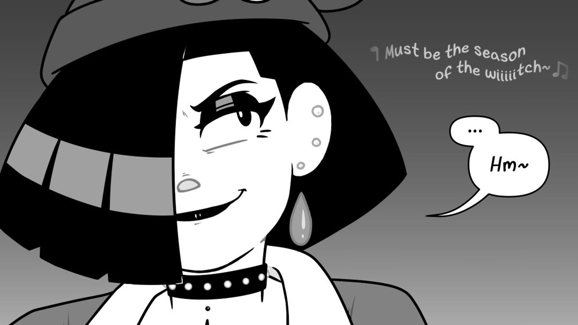 Cropped comic panel depicting Liv wearing a knit cap in place of her witch's hat. She is smiling very smugly, looking off to her left side with a chuckle. A portion of the lyrics to Donovan's "Season of the Witch" float in the air beside her.