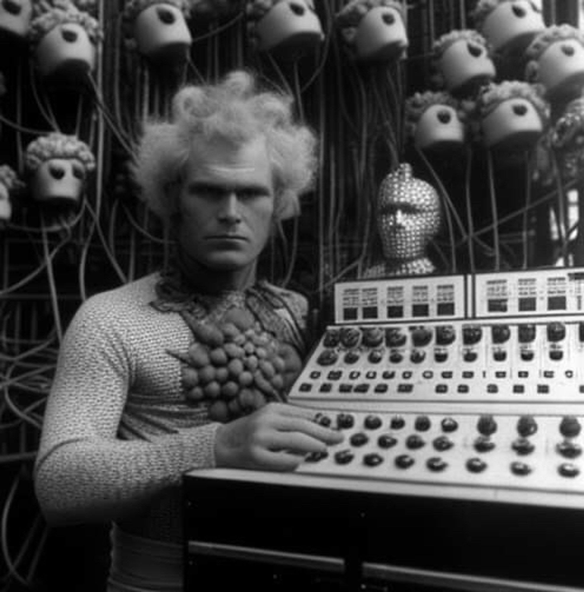 A muscular guy with frankly insane hair & strange fungal clothing stands next to a futuristic electronic instrument that looks like something out of a crap (good) Dr Who episode & is surrounded by a recording studio which has become infested with vaguely humanoid, fungal plants. He doesn’t look pleased.