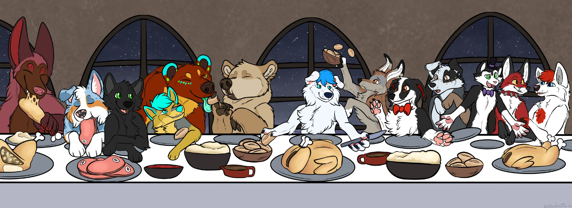 A furry parody of the biblical painting of the last supper... made a lil sillily with lots of colourful characters. This was made to wish everyone a happy thanksgiving and to show extra thanks to the artists supporters on patreon.