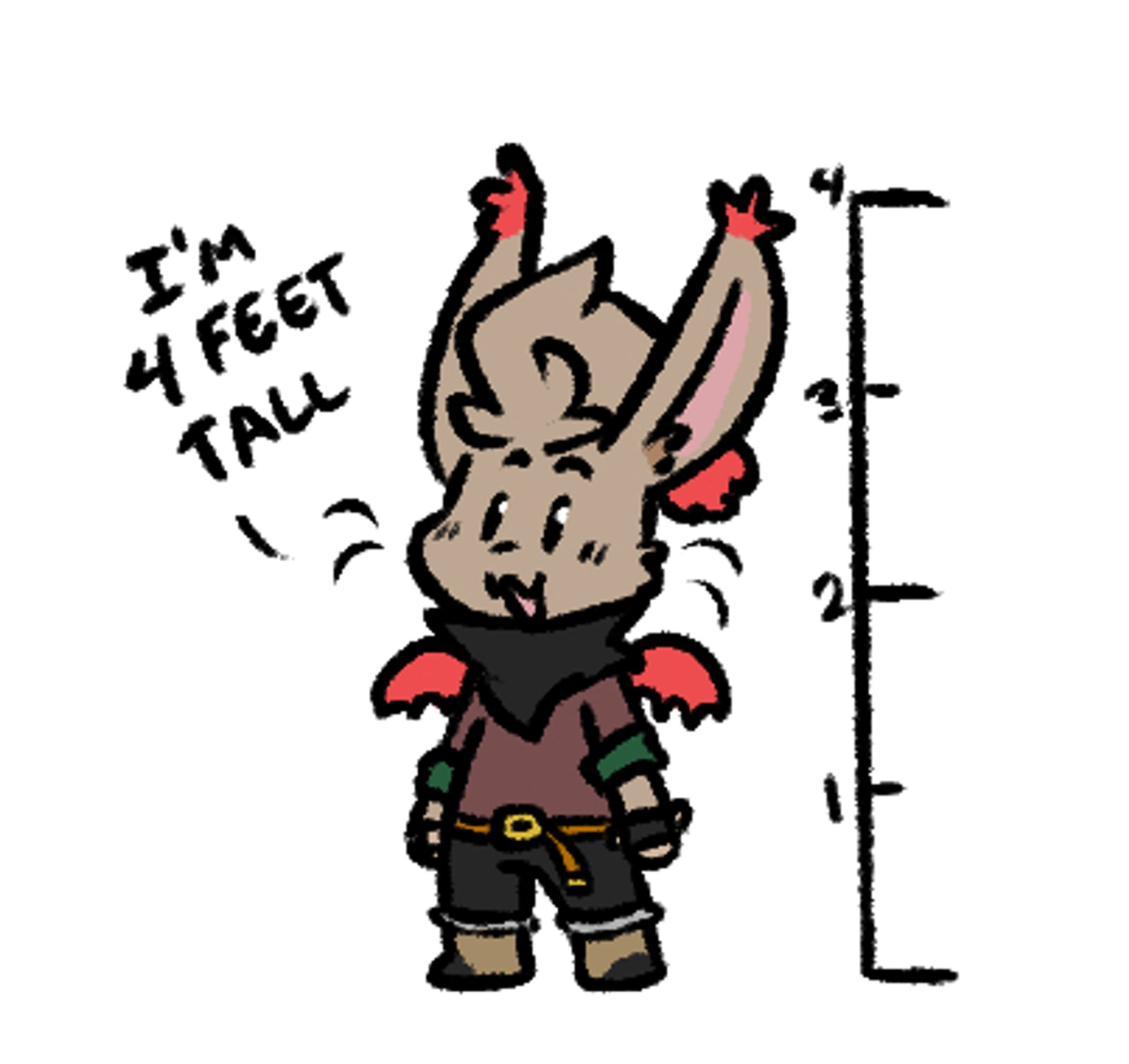 Moogle Bk saying he's 4 feet tall with a height measure showing he's actually 3 feet tall, but his ears make him 4 feet.