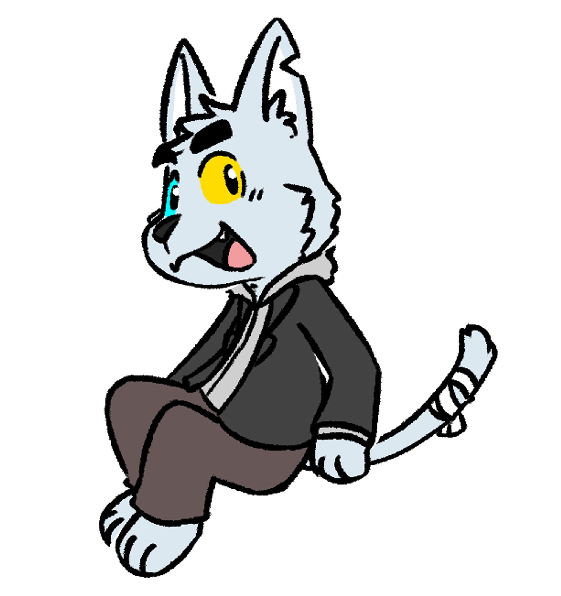 A drawing of Sleet in a black coat and brown pants, he's smiling and is more or less sitting down.