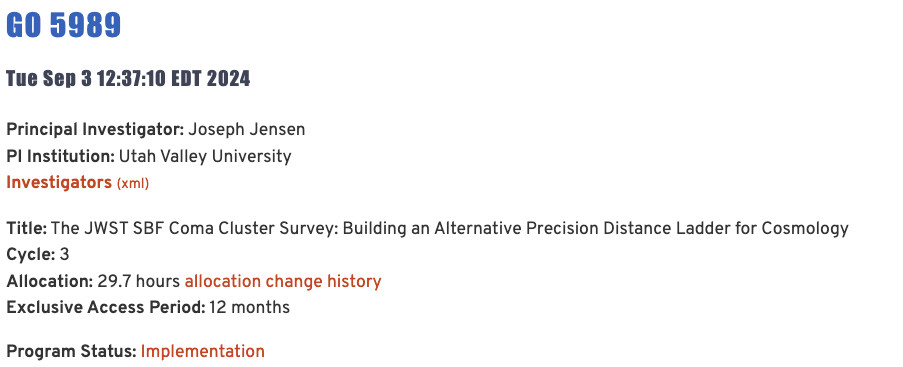description of JWST program 5989:

Principal Investigator: Joseph Jensen

Title: The JWST SBF Coma Cluster Survey: Building an Alternative Precision Distance Ladder for Cosmology