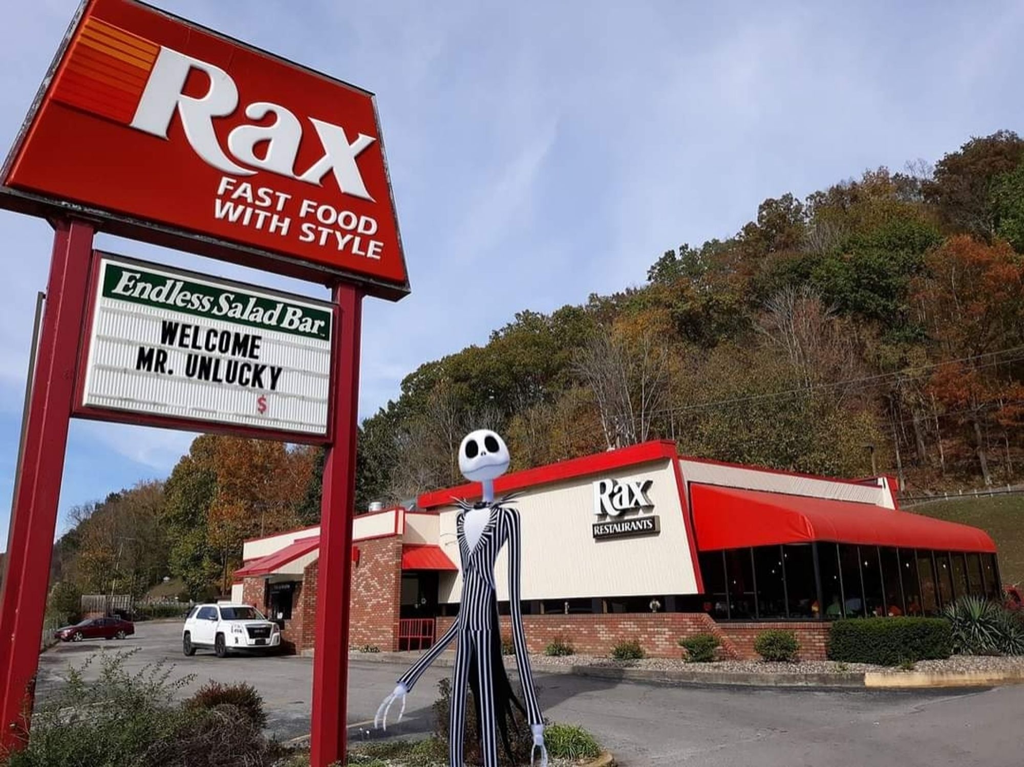 This meme is a representation of the lyrics from a song on The Nightmare Before Christmas soundtrack referencing the fact that some guy in Kentucky refers to Jack Skellington as Mr Unlucky. Rax is a fast food restaurant that's has closed all of its locations except for a single one in Kentucky.