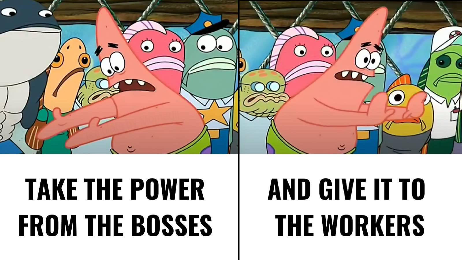A meme featuring Patrick from Spongebob. He says, "Take the power from the bosses and give it to the workers."