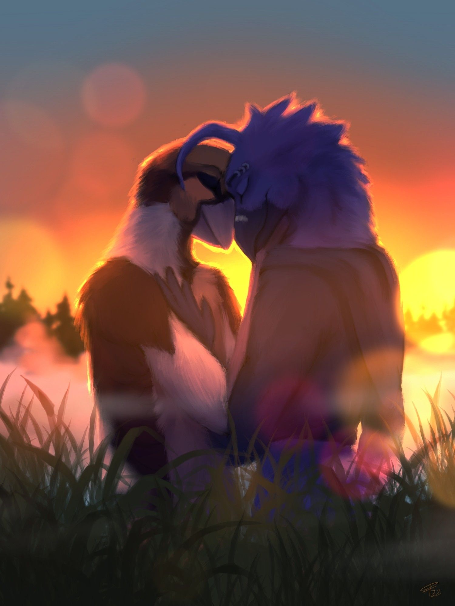 Two anthro birds embrace in a field before a sunset.