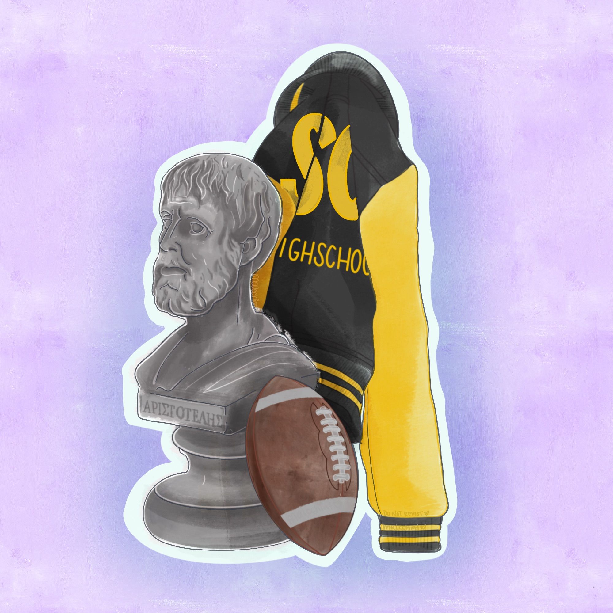 an illustration of a bust of Aristotle, a high school football, and a hanging varsity jacket; the jacket has a black body and yellow sleeves, with yellow stripes around the waist, wrists, and collar. The back of the jacket reads “SO HIGH SCHOOL”The background is a pale purple.