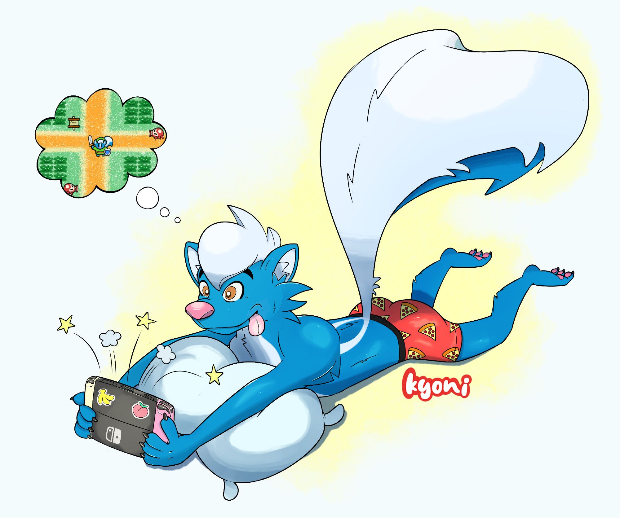 Illustration of a blue anthropomorphic skunk lying over a pillow on the floor in his underwear and playing on a Nintendo Switch. The Switch has stickers of a banana bunch and peach in the back to complement its pastel yellow and pink joycons. His underwear is red and covered in a pepperoni pizza pattern. Above the skunk's head is a thought bubble showing the skunk imagining himself as the protagonist in a classic Legend of Zelda game.