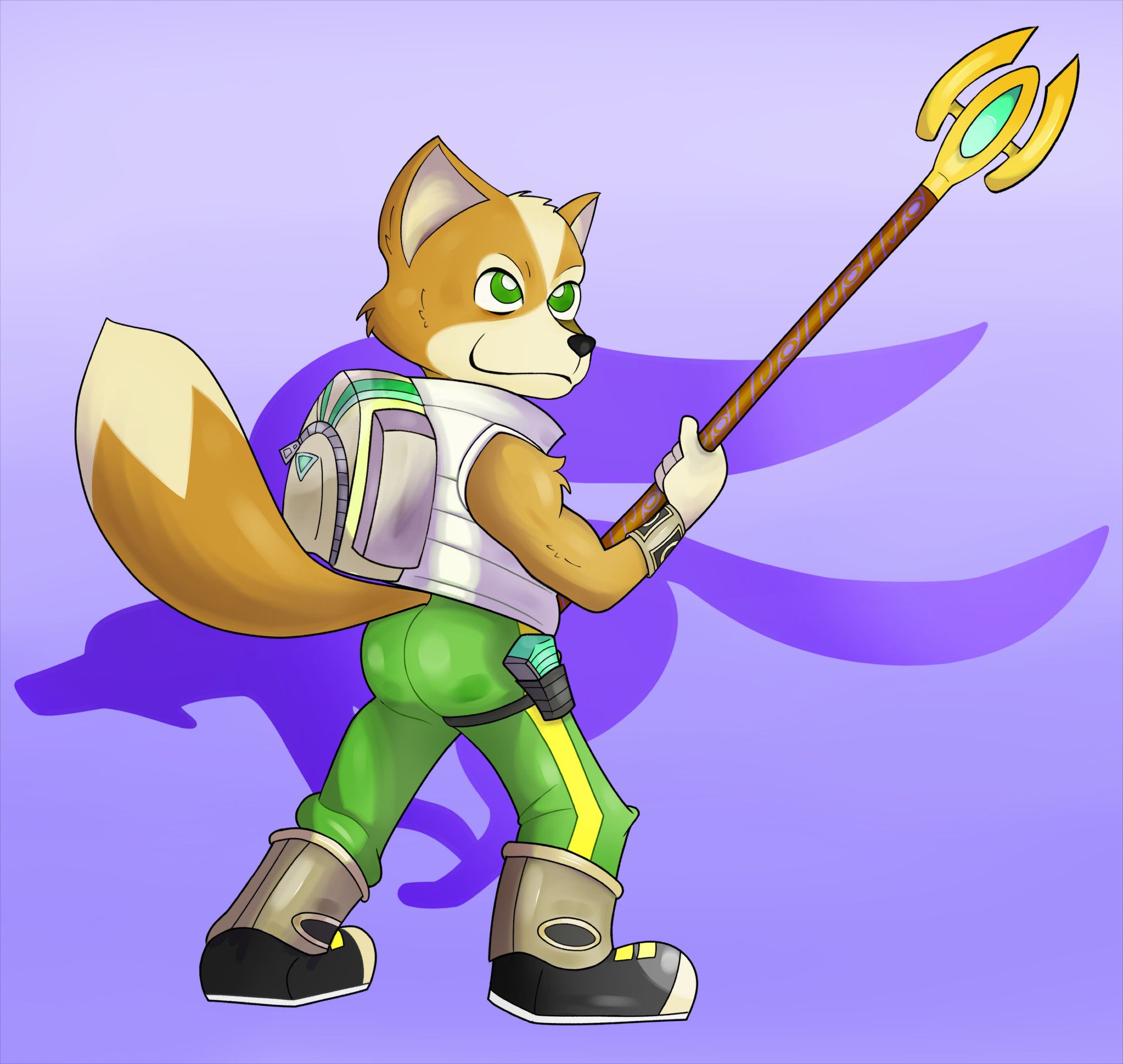 Illustration of Fox McCloud as he appears in Star Fox Adventures, posing with Krystal's staff. The angle mostly shows his backside and I caked him up cuz I'm a degenerate. 

The background is a purple gradient with the Star Fox logo behind him.