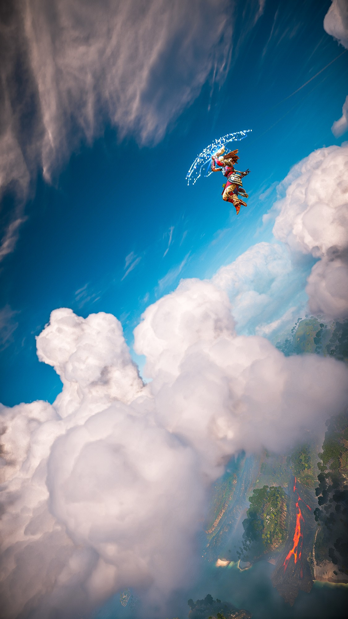 A vertical shot of Aloy using her Shieldwing Glider high above the clouds during a bright blue day.