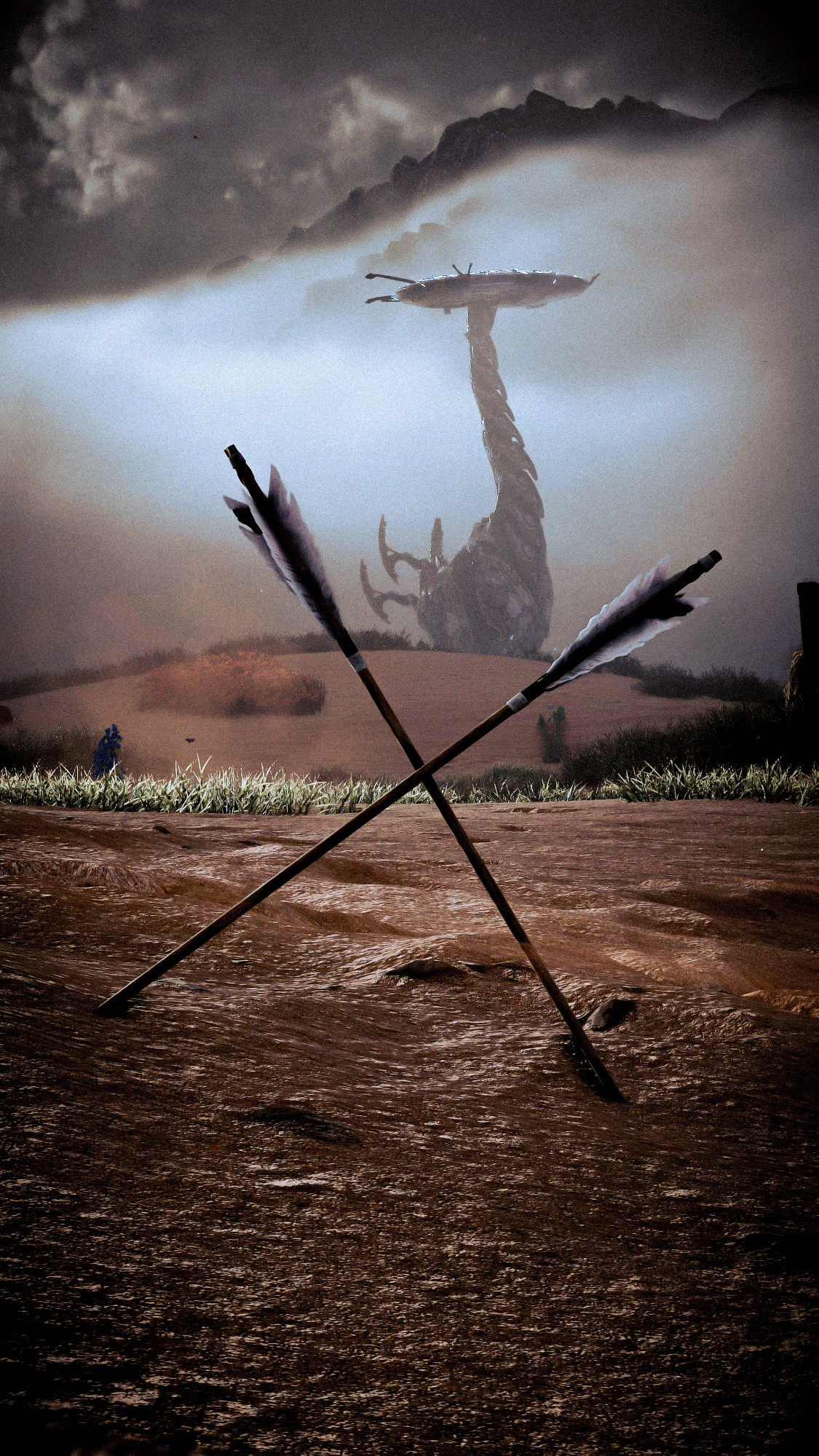 A close up of two arrows shot into the ground, leaning on each other they form an 'X'. In the background a Tallneck walks by, framed in between the top of the two arrows.