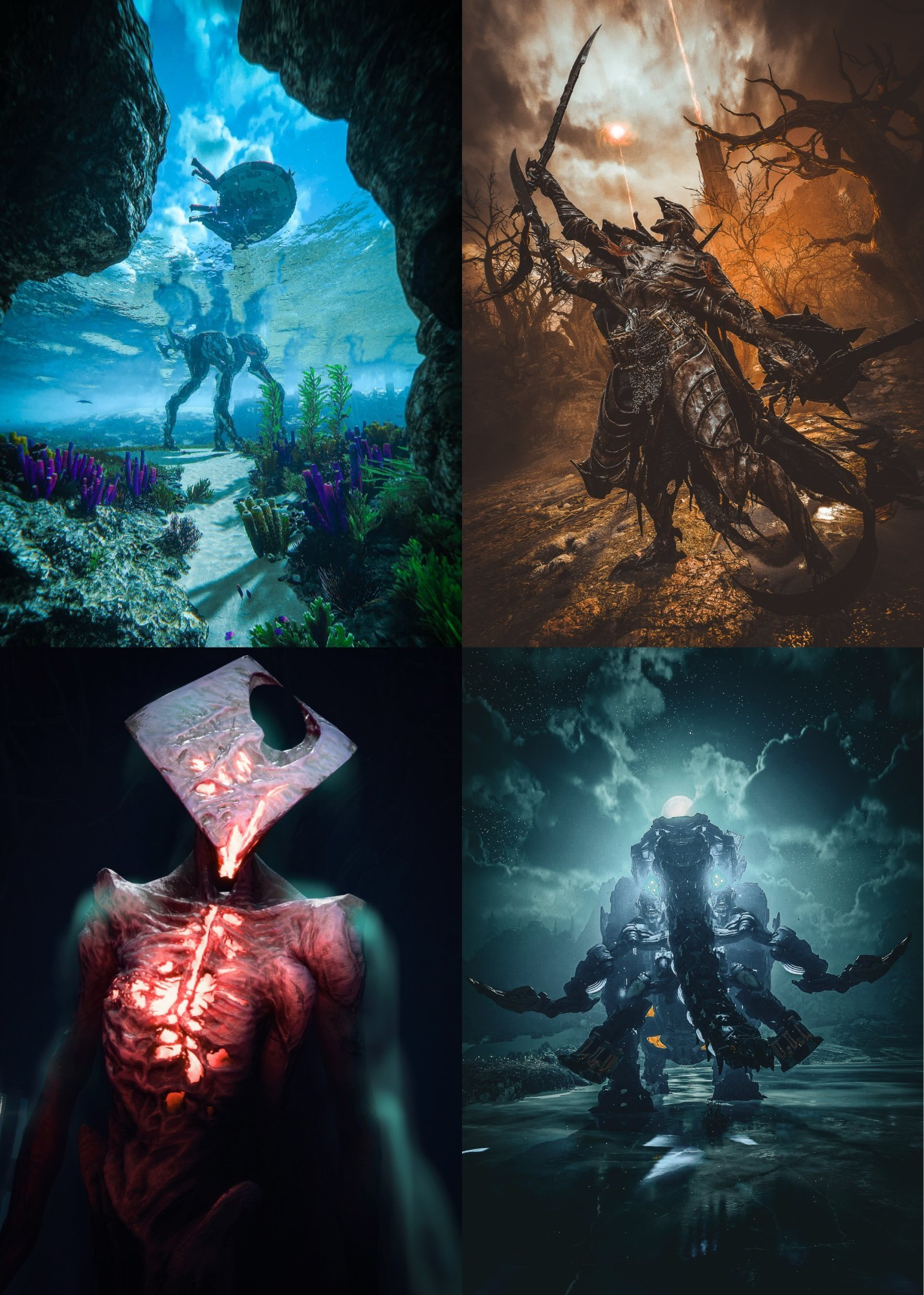 A compilation of my favorite shots taken, A Tallneck from underwater from Horizon Forbidden West, the Lightreaper from Lords of the Fallen in a victory pose, a portrait of Phrike from Returnal & a Tremortusk walking under moonlight from Horizon Forbidden West.