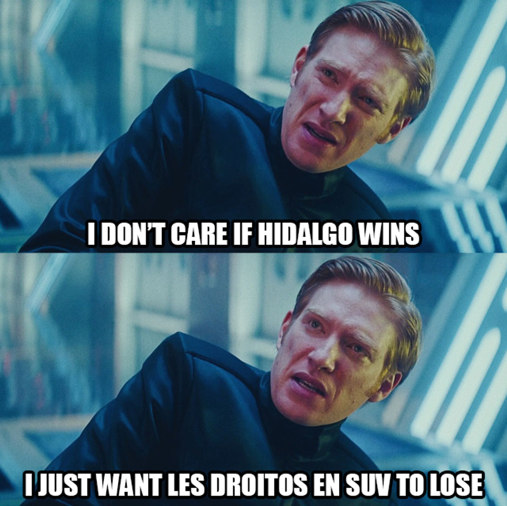 Le mème du rouquin nazi dans Star Wars 9 qui dit « I don't care if Hidalgo wins, I just want les droitos en SUV to lose »