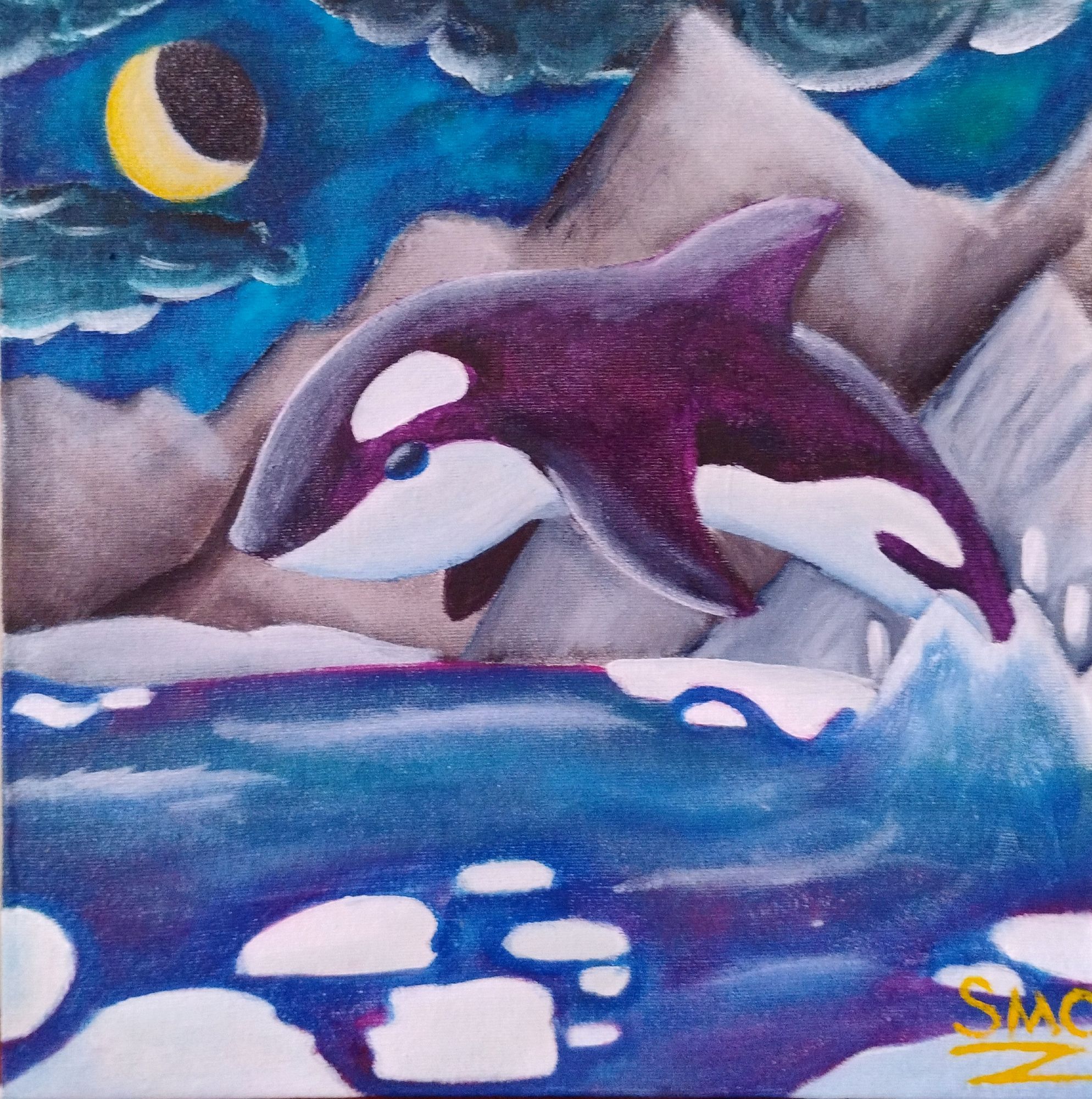 Oil painting: an orca leaping out of water.