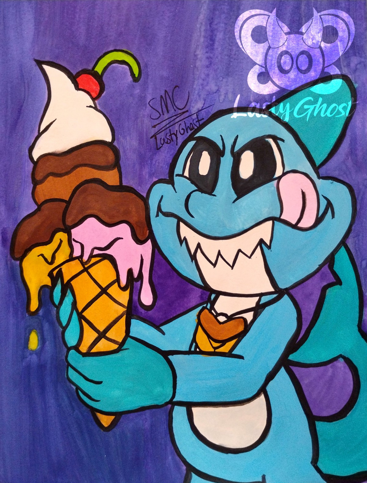 Watercolor painting: Maggie Mako (Poppy Playtime), an anthropomorphic shark with a mandible pendant, is about to have a large ice cream topped with chocolate drizzle on each ball, whipped cream, and a cherry on top.