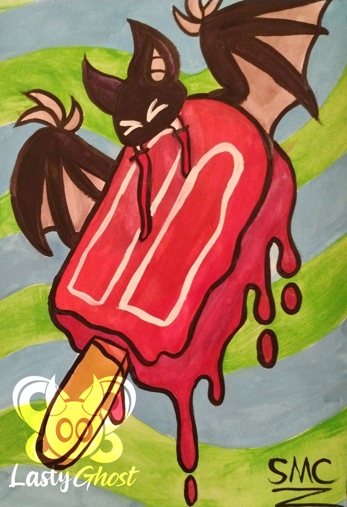 Watercolor painting: a bat feasts on a melting fruit punch popsicle. The color of the popsicle makes it confusing to the viewer whether this is a bat or a vampire.