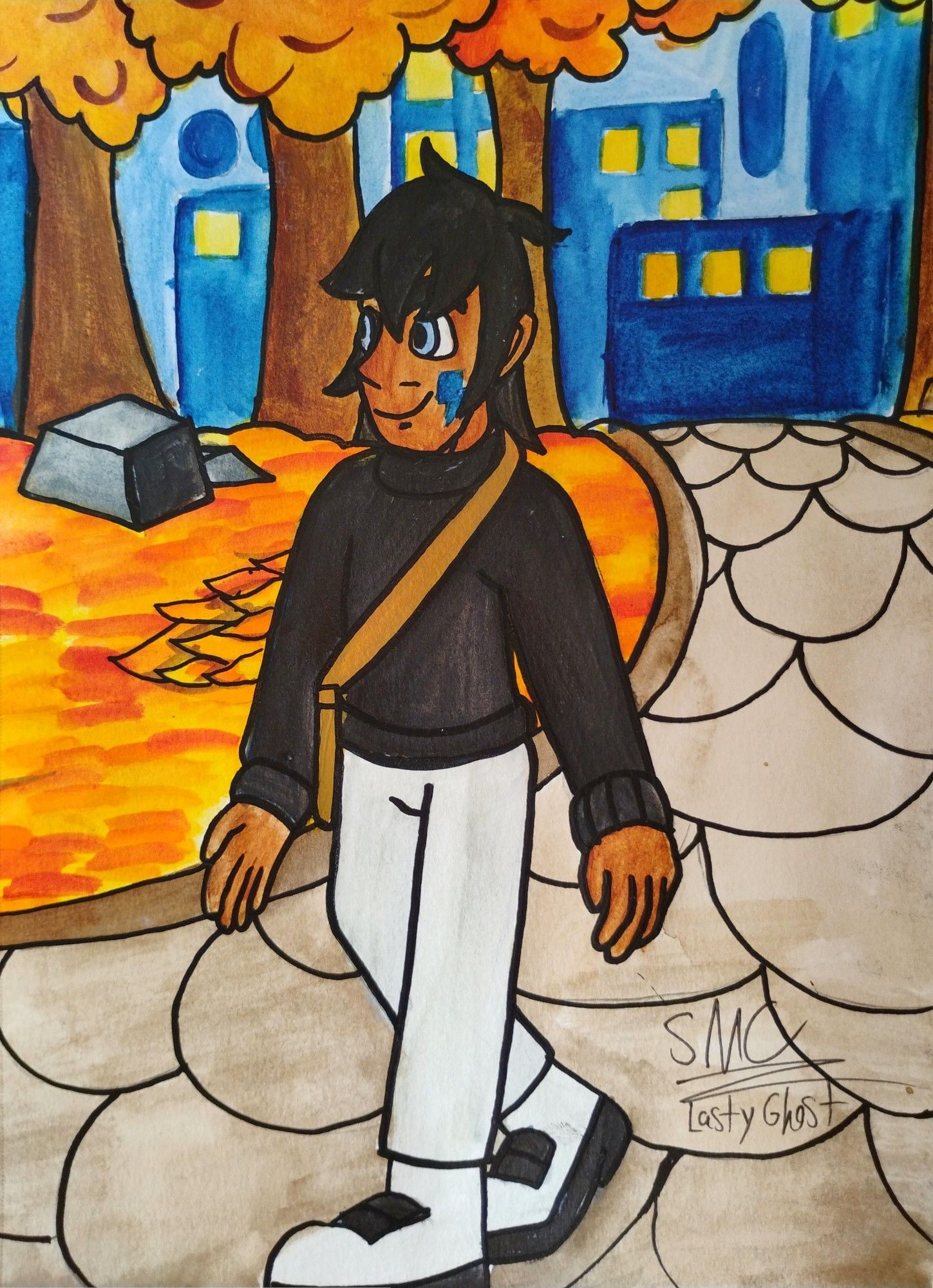 Watercolor drawing: a Hispanic boy wearing a black sweater and white pants walks over a park's cobblestone. The leaves on the sides and the trees are orange, and stylized buildings are in the background.