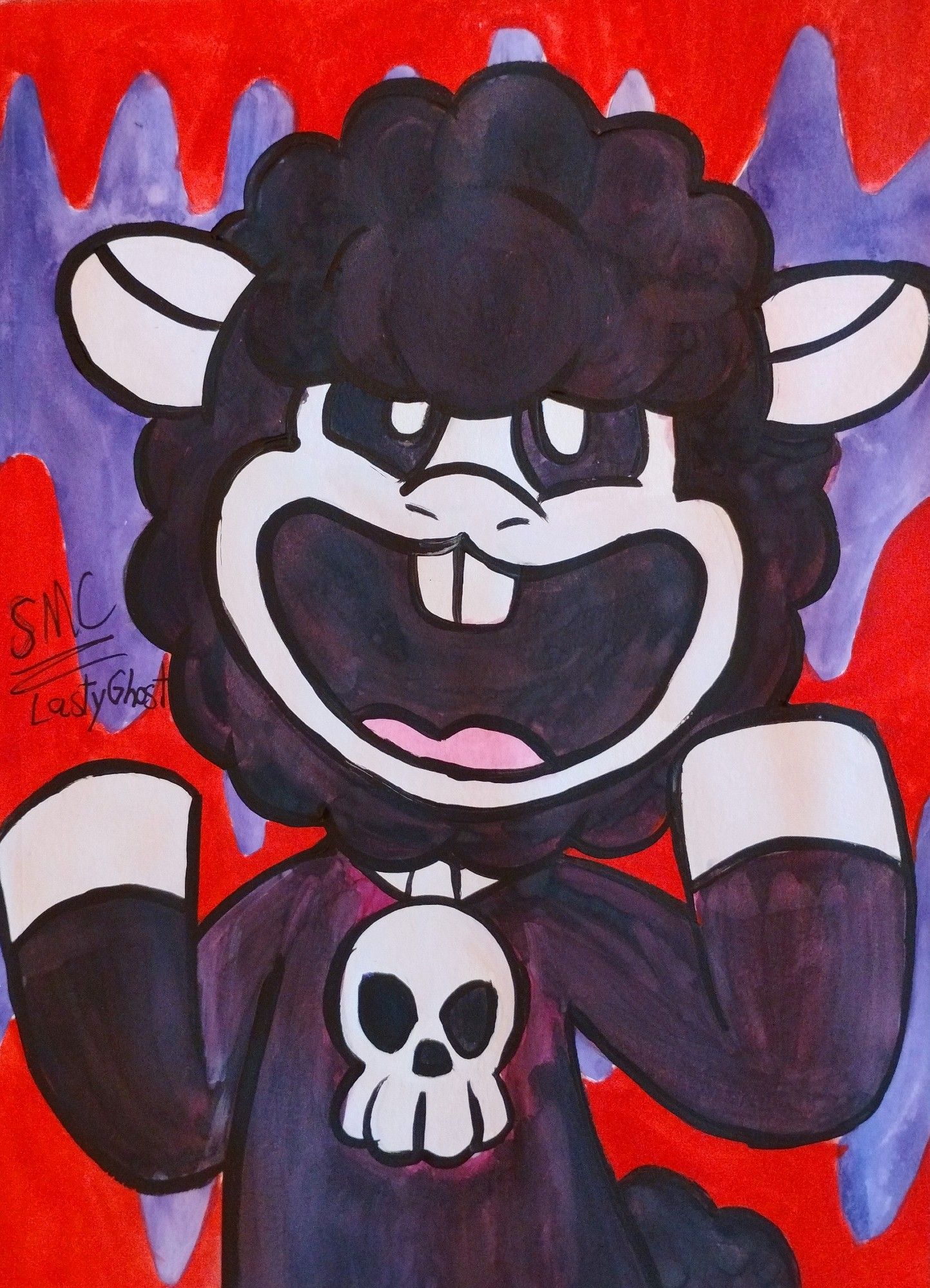 Watercolor drawing: Baba Chops (Poppy Playtime), a black sheep with buckteeth and a skull pendant, has her hooves as if she wants to get out of the drawing.