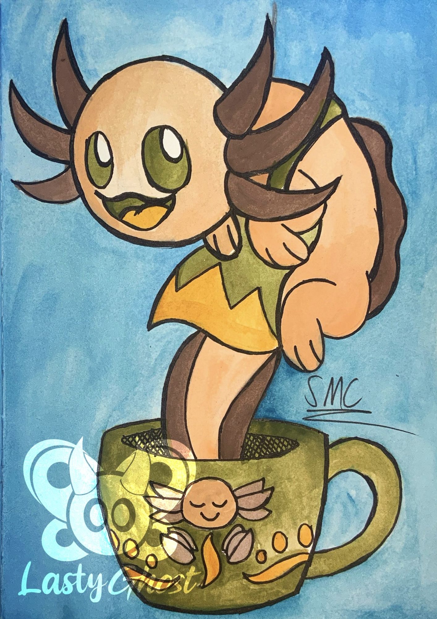 Watercolor drawing: an apricot axolotl with brown frills floats from an olive-green coffee cup. The axolotl is wearing an olive-green apron and smiling at the viewer.