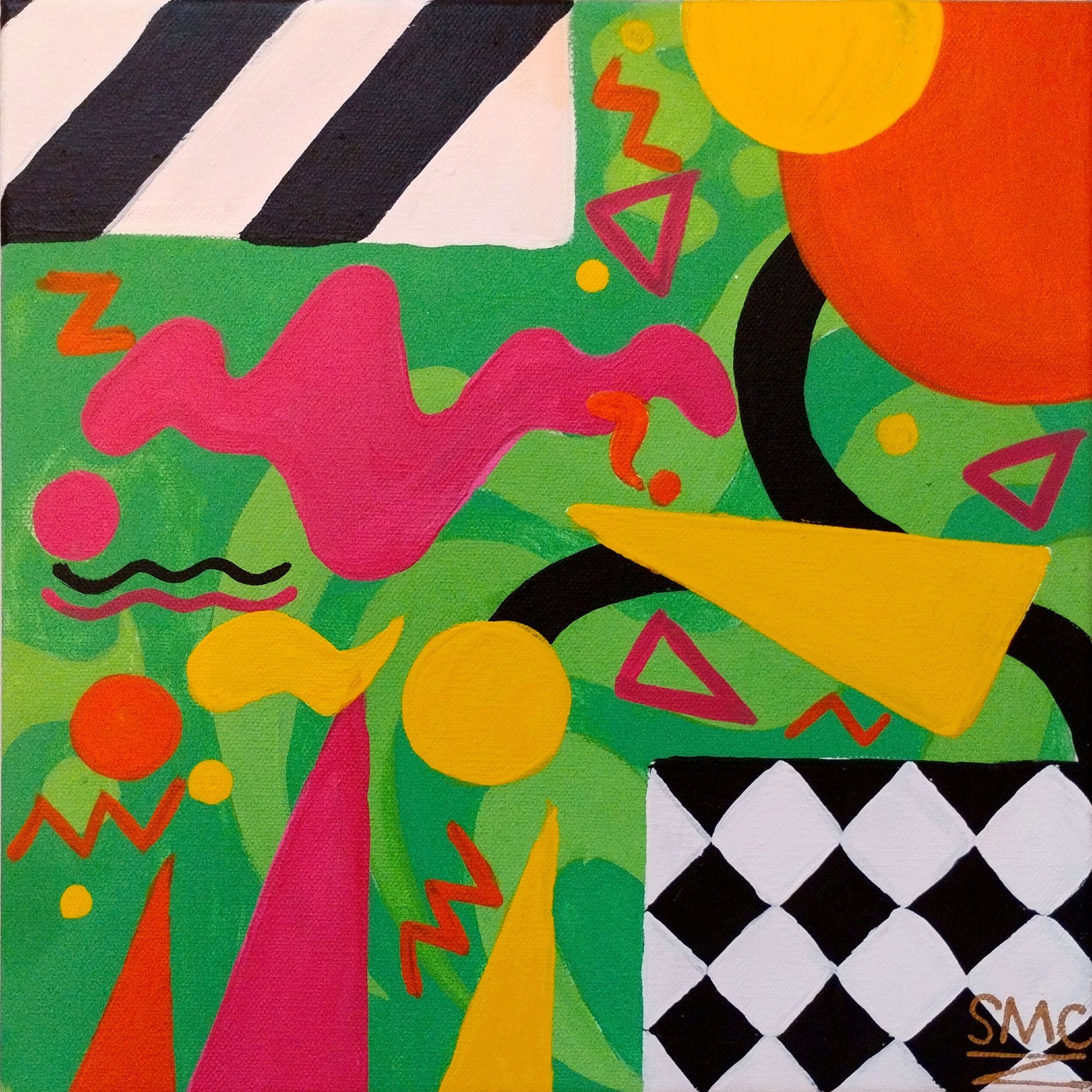 Acrylic painting, abstract art, Memphis design aesthetic: an array of shapes and scribbles of warm colors over a green background. There are also black and white patterns in boxes.