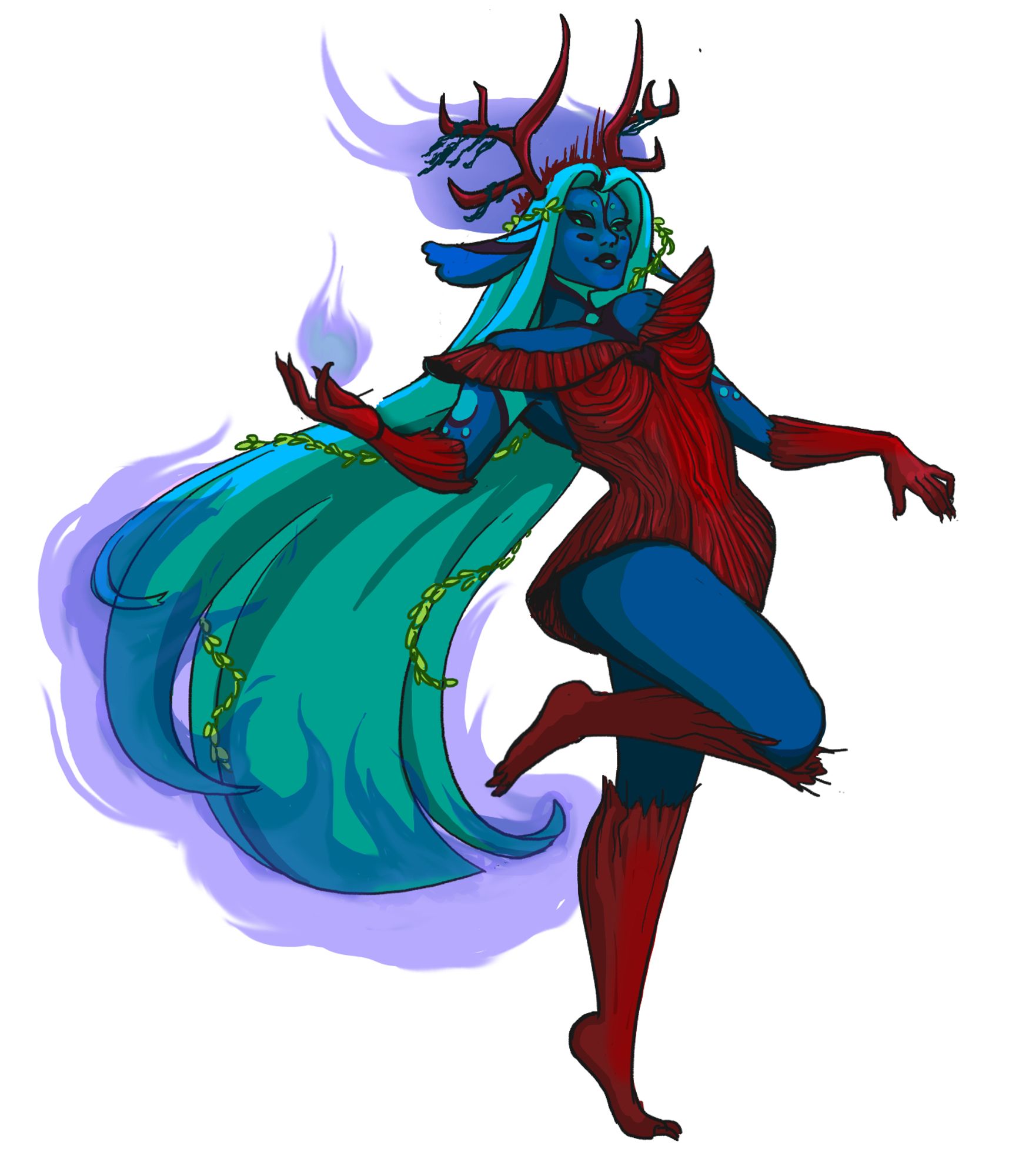 A blue skinned elf sorceress with red bark armor and long flowing green hair. She has deer like ears and red antlers  and is emitting a purple flame