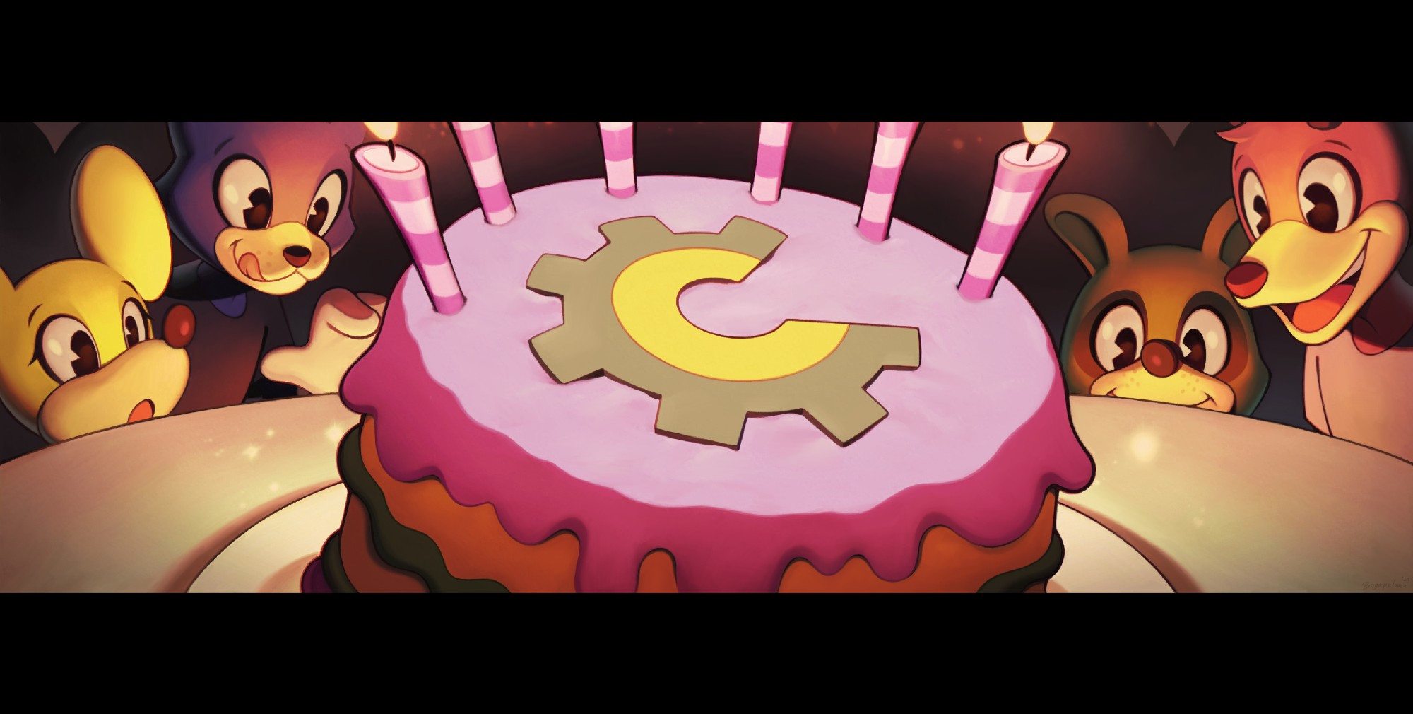 Four toons (A yellow mouse, purple cat, green raccoon, and pink deer) standing around a brightly lit cake that has Toontown: Corporate Clash's logo on it.