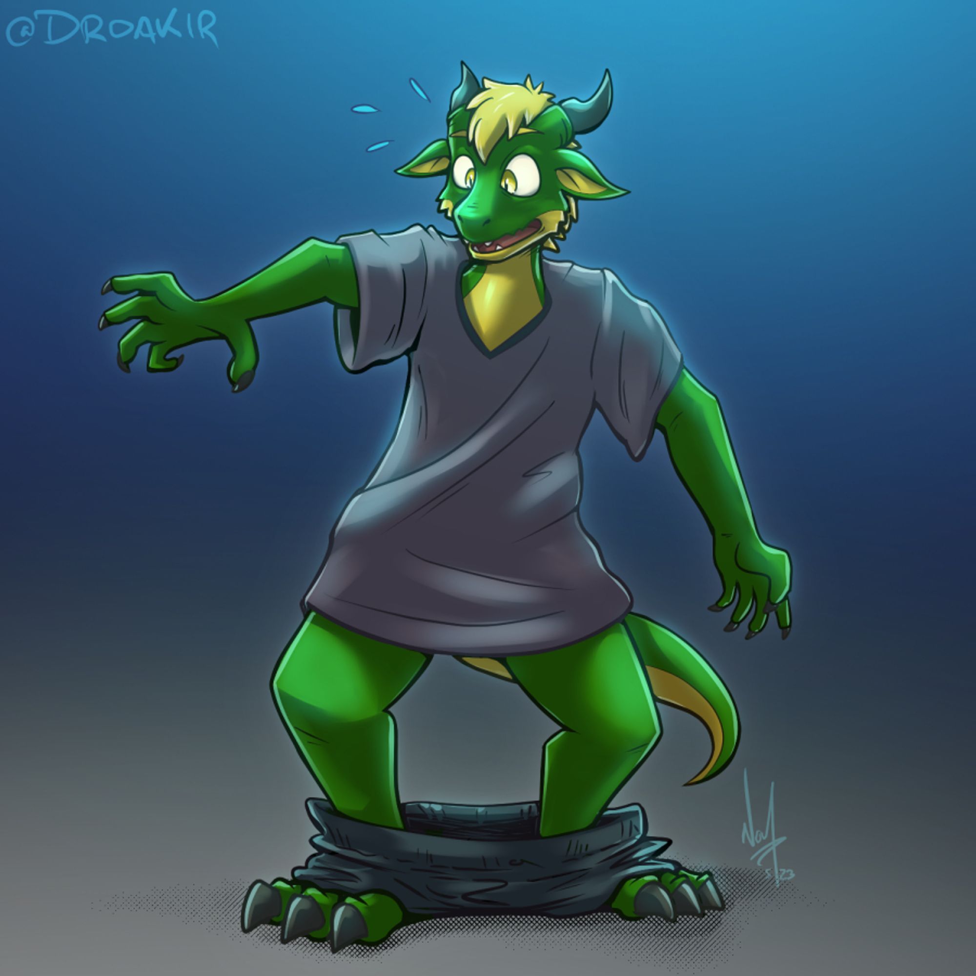 A kobold stands, pants around his ankles and with an oversized shirt as his body continues to shrink.