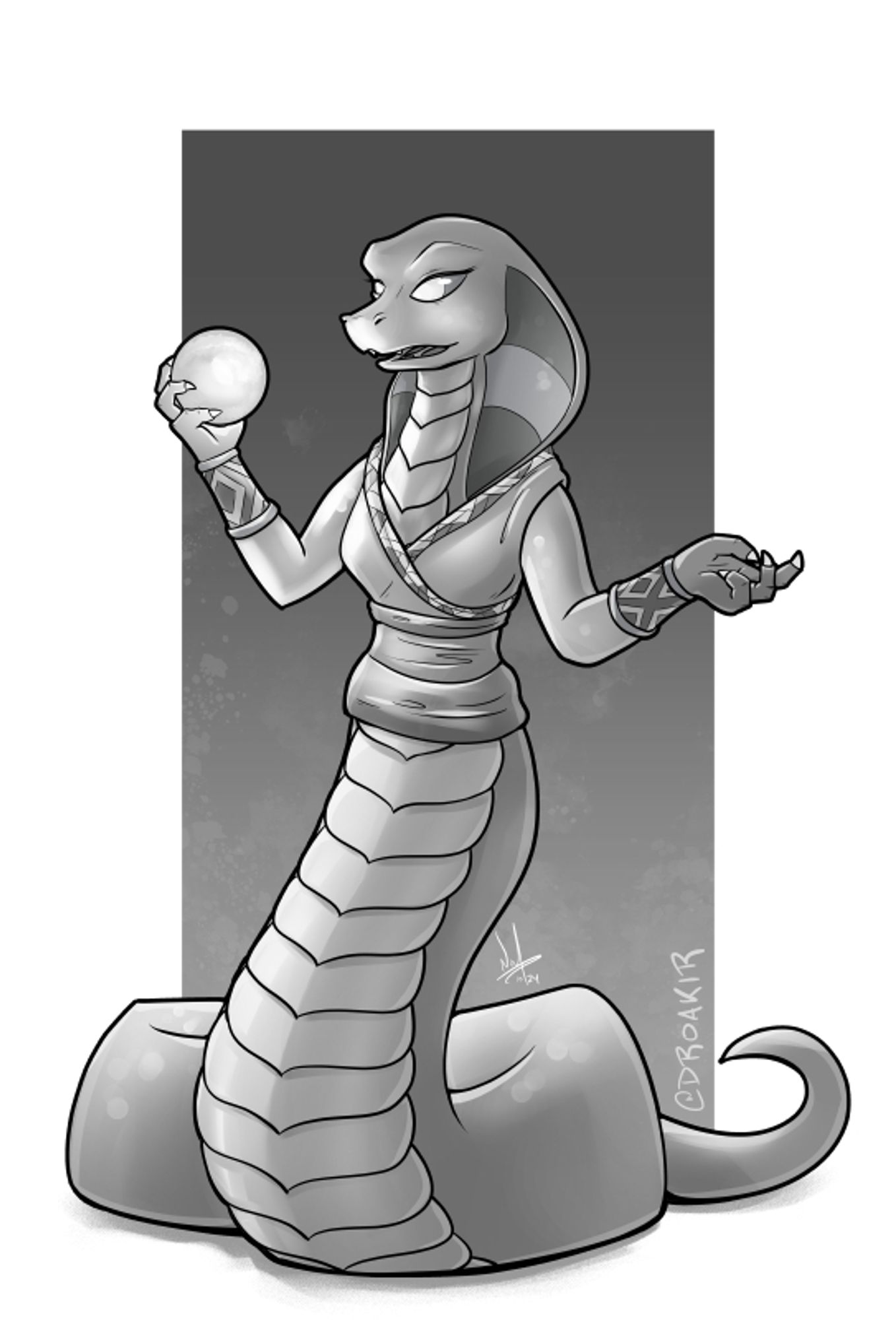 A female naga holds an orb which she gases into. The orb casts a glow upon her.