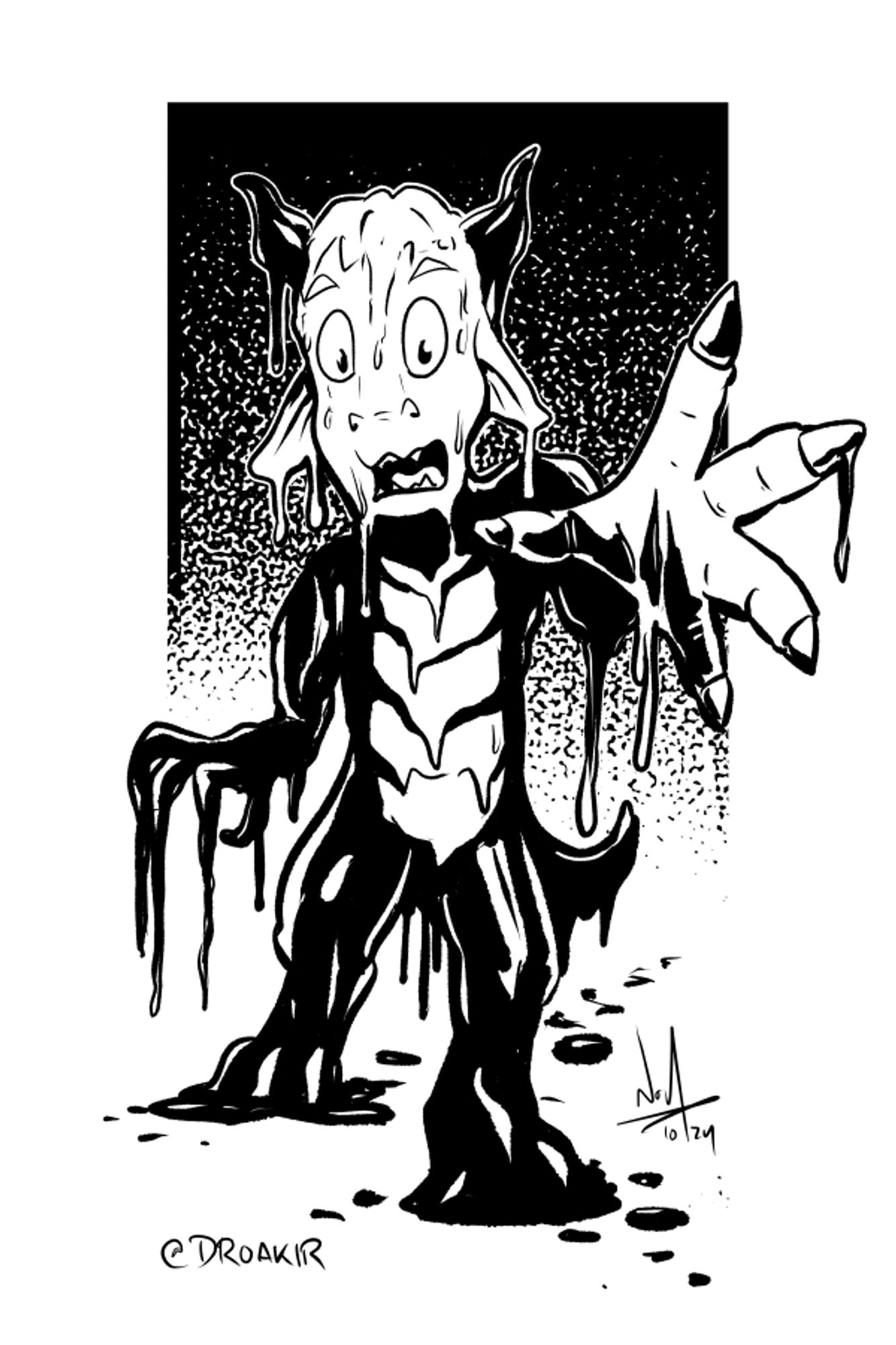 A black and white ink illustration of a kobold turning into black goo and dripping on the ground. He reaches towards the camera, hand outstretched, with a look of shock and horror on his face.