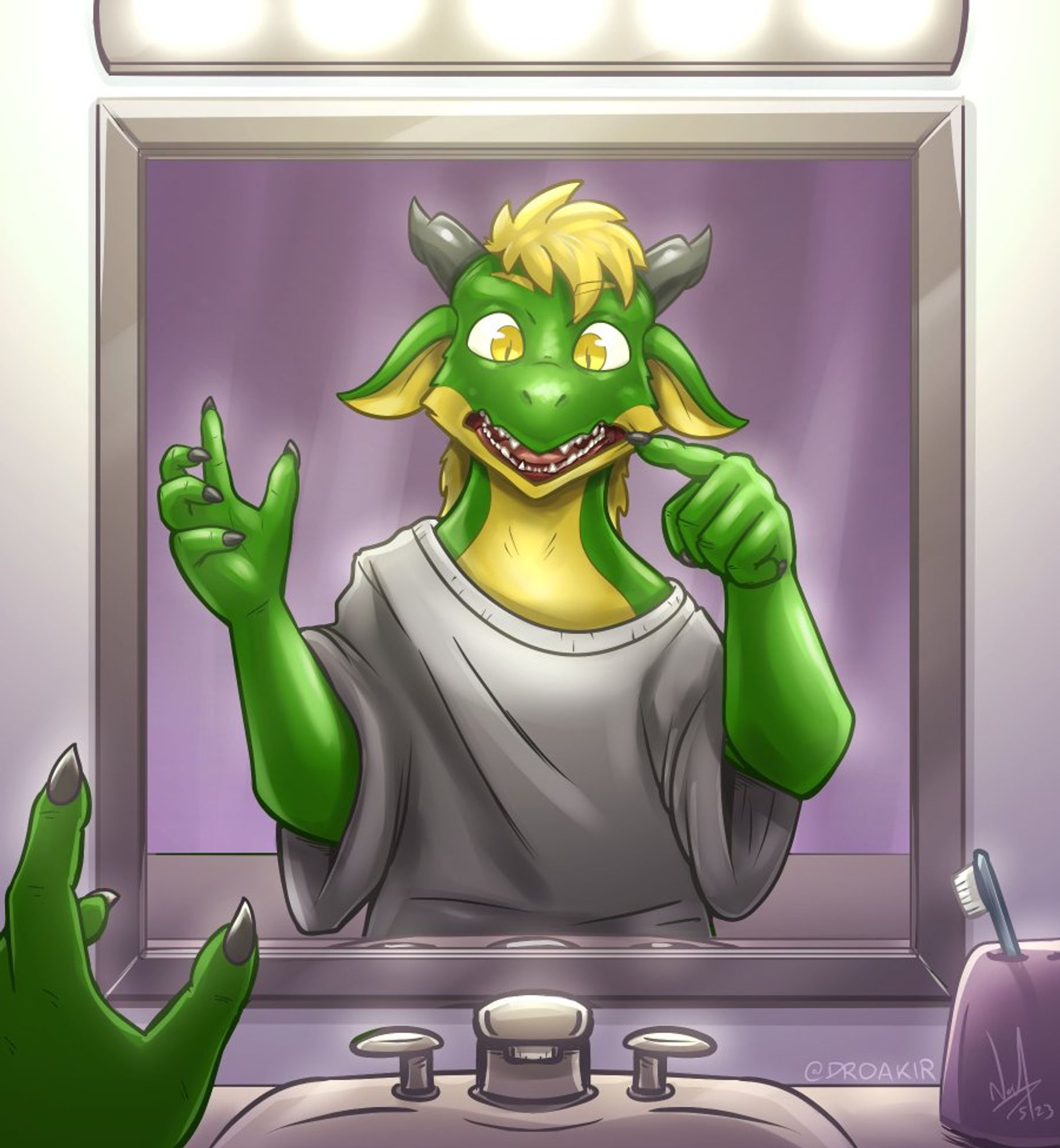 A green and yellow freshly transformed kobold stares at his reflection in the mirror of the bathroom. He looks at his teeth in surprise.