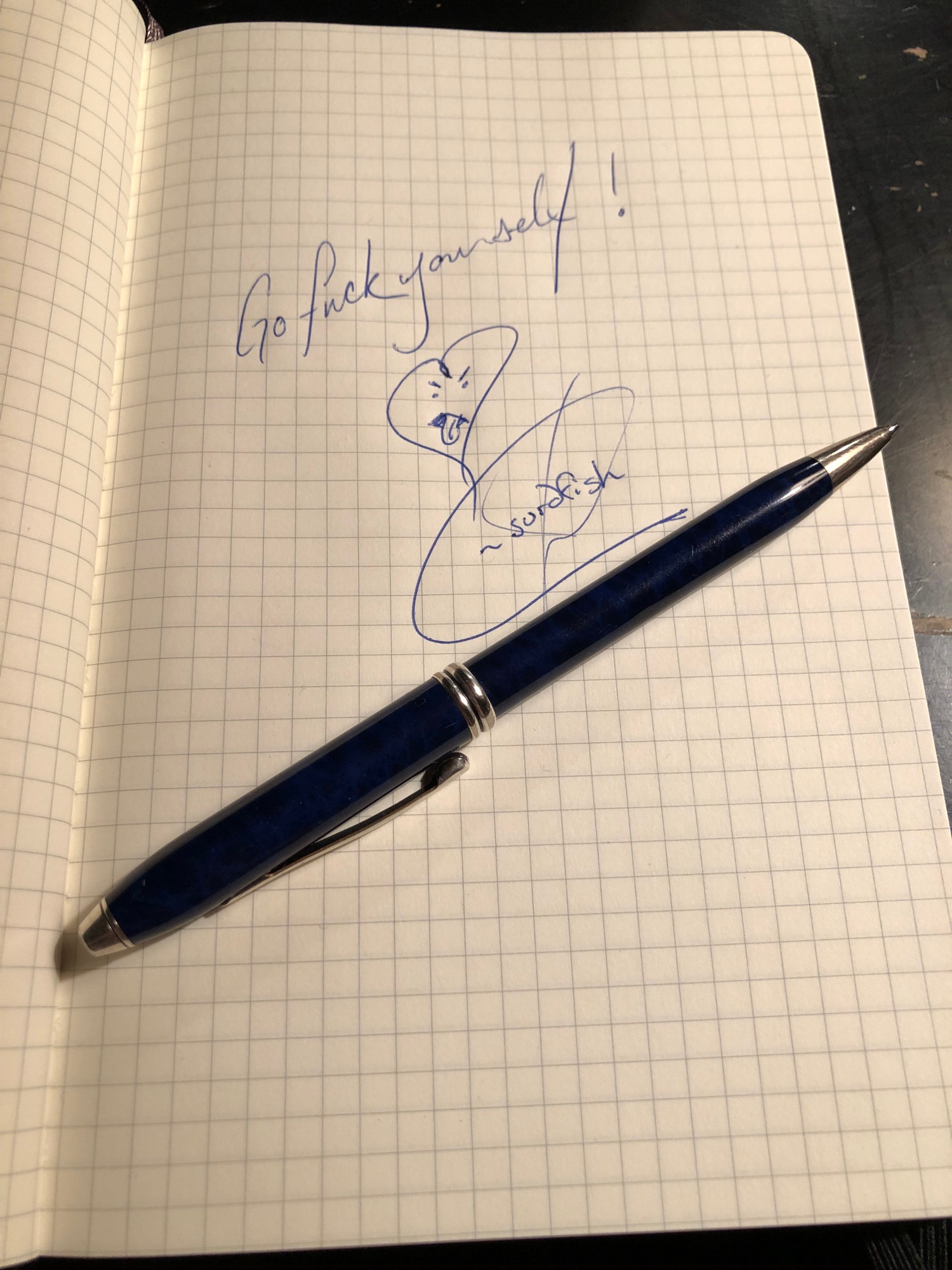 handwritten note from surdfish:

"Go fuck yourself!"

with a frowning loveheart sticking out its tongue below

I love you guys ❤️❤️