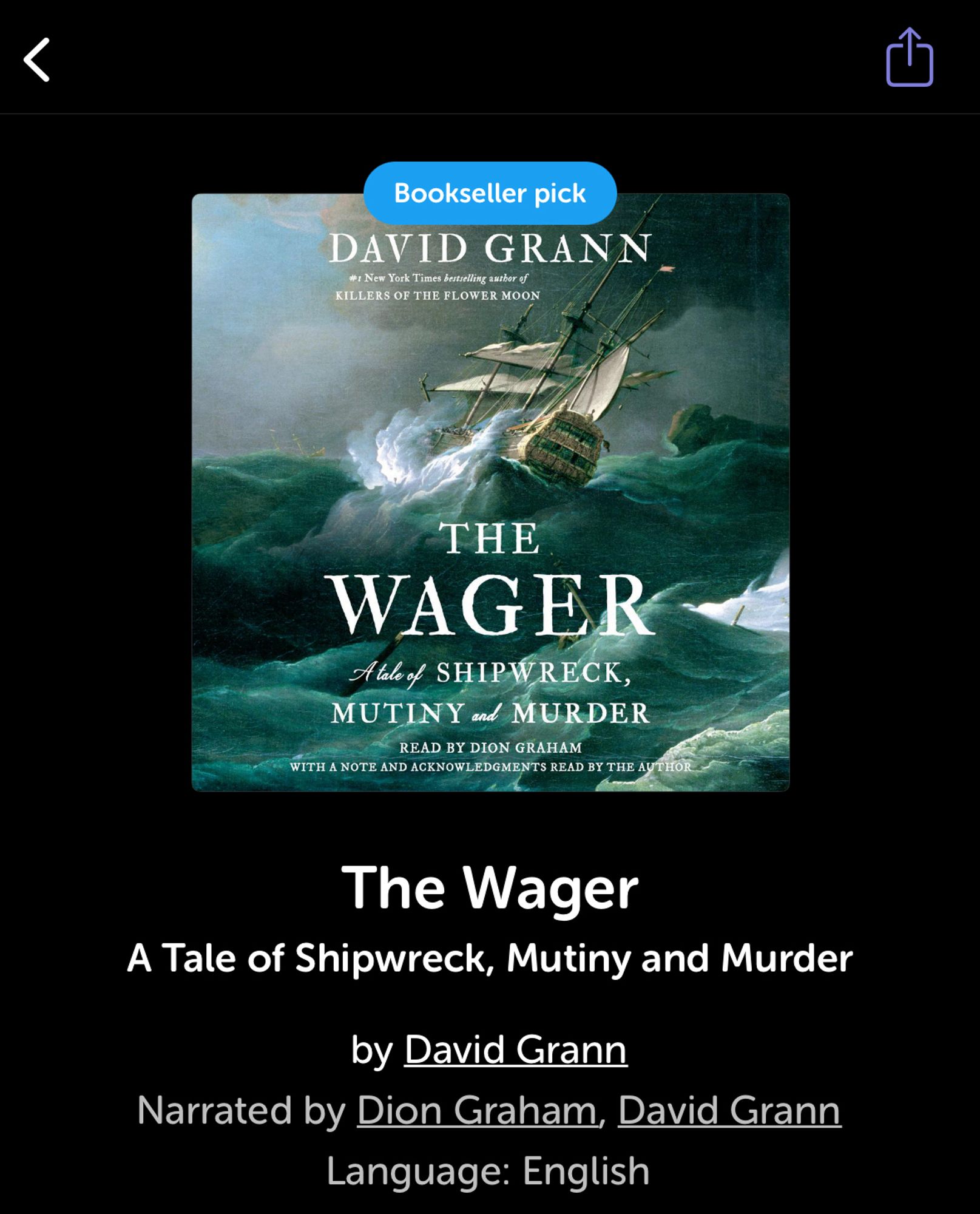 Screenshot from Libro FM of The Wager audiobook by David Grann, narrated by Dion Graham