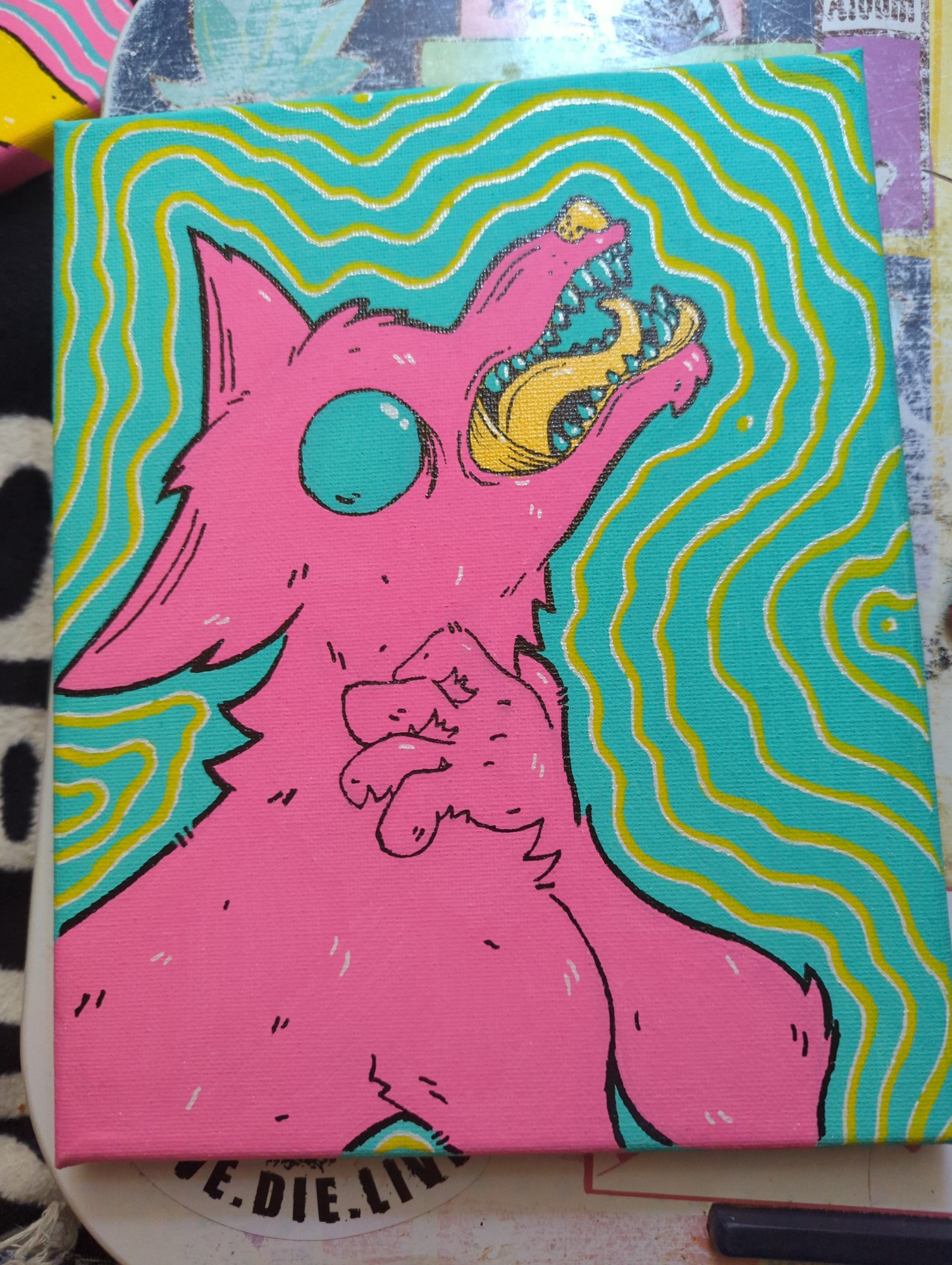 A pink wolf-like creature with a human hand choking themselves while screaming in wide eyed panic.