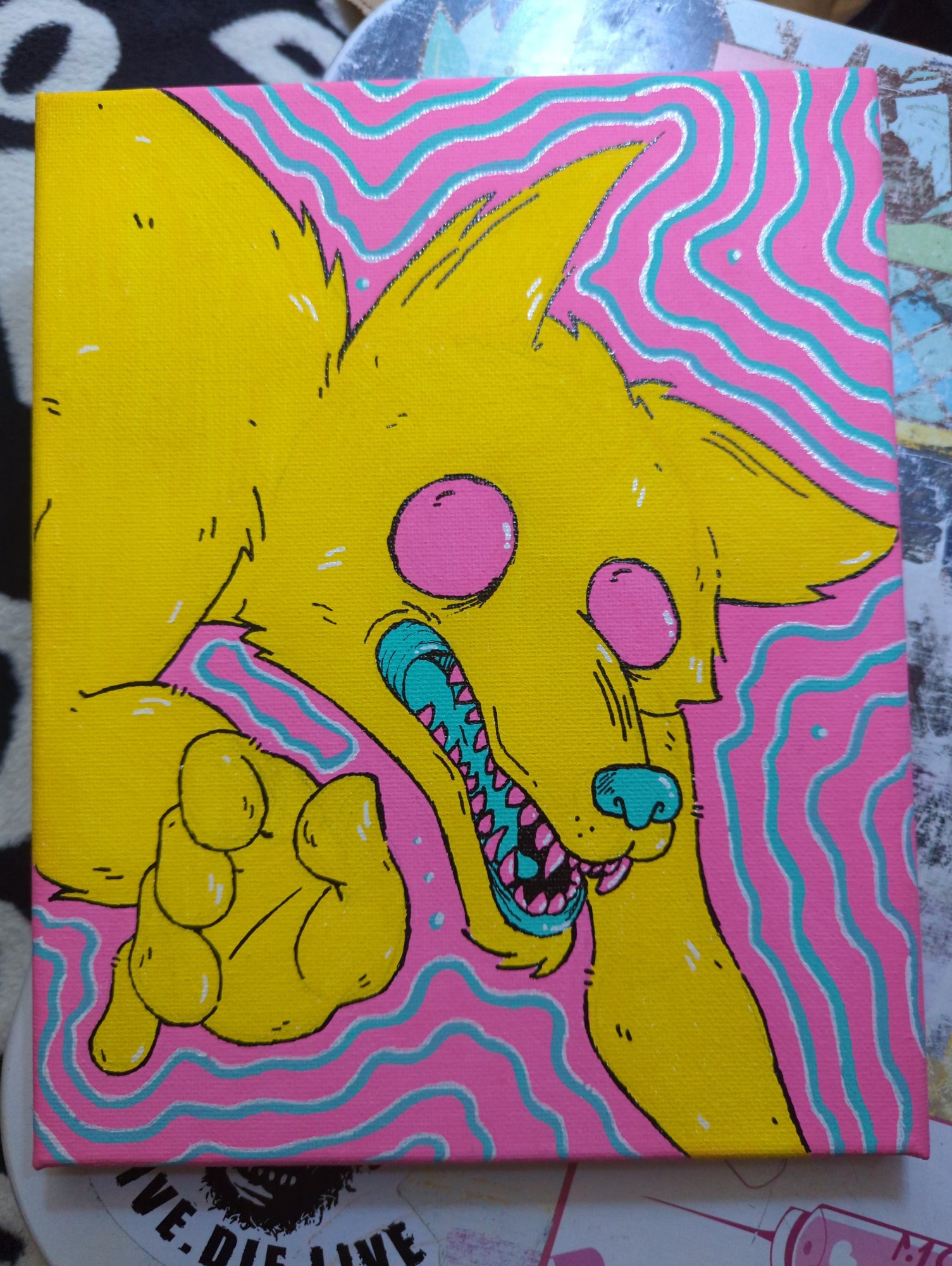 A yellow wolf-like creature with human hands looking upwards 