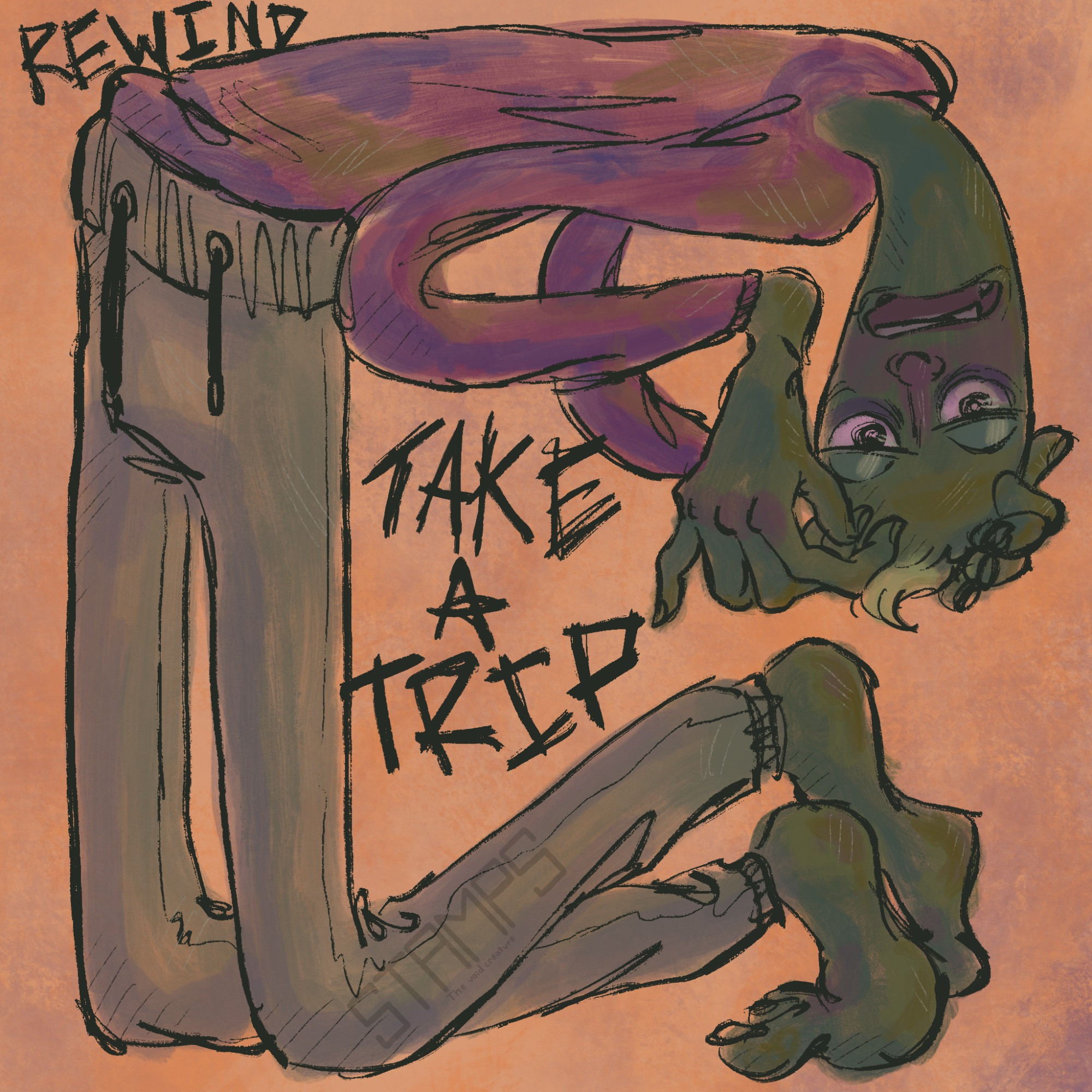 An exaggerated and twisted person folded over to fit in the square frame while holding their head. In the Center it says "Take A Trip" by Rewind. (He's on Sound Cloud and it's very fun)