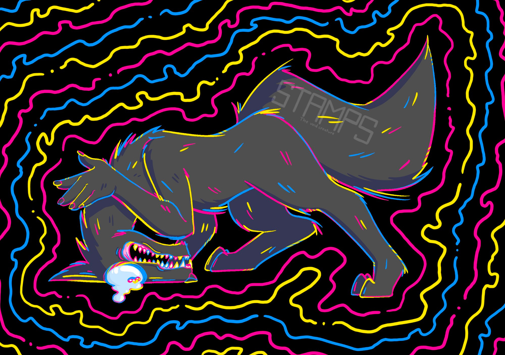 A black wolf-like creature with human hands sobbing with it's head on the ground with bright colors around it vibrating in a chaotic fashion.