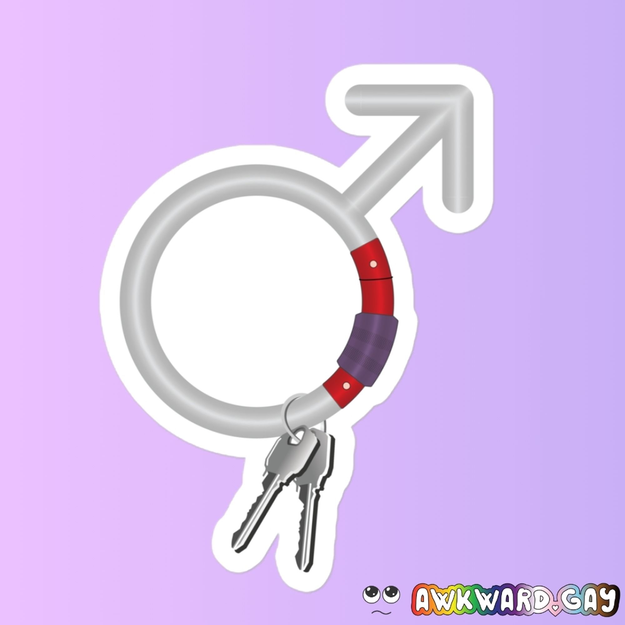 Mockup of a carabner in the shape of the Mars male gender symbol, with 2 keys dangling from it