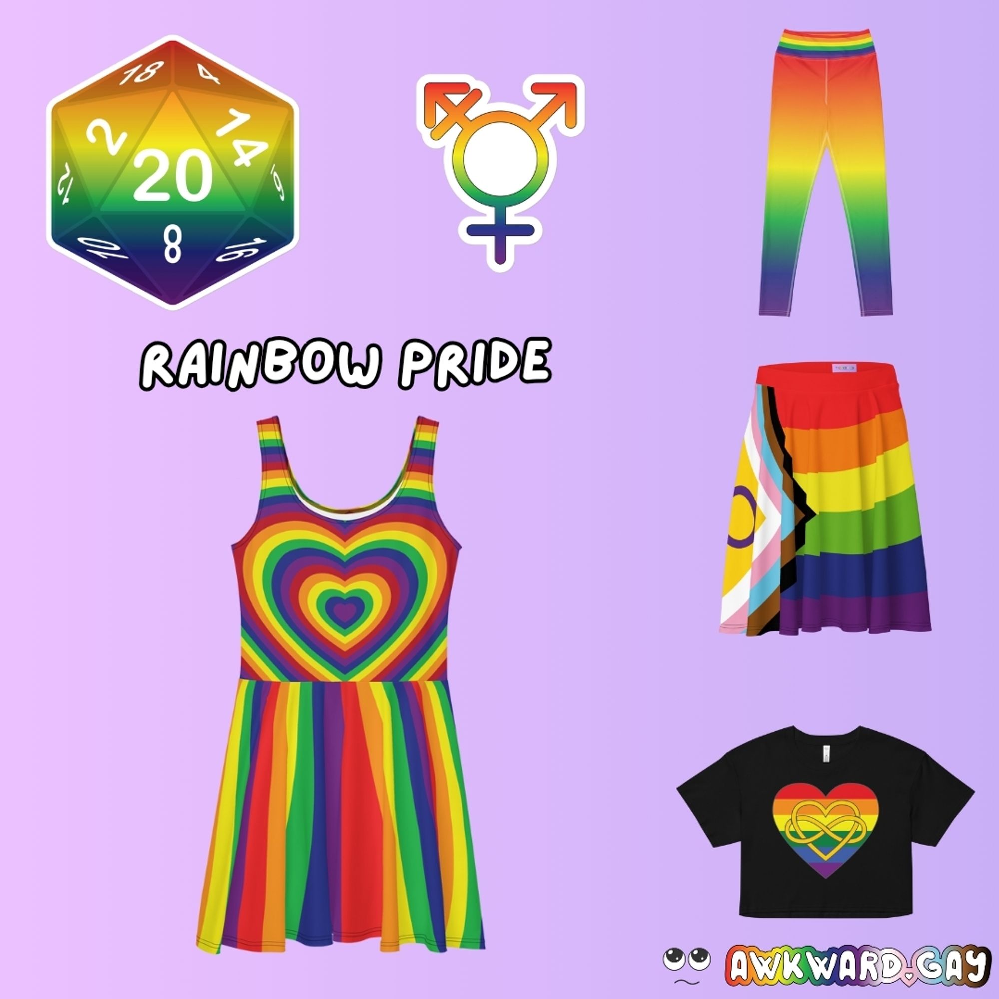 An image grid on a light purple background showing 5 small products and 1 large product, all in rainbow pride colours:
A rainbow D20 sticker.
A rainbow gradient transgender symbol sticker.
Rainbow gradient leggings.
Progress pride flag skater skirt.
Heart shaped rainbow pride flag with polyamory infinity heart on a black crop top.
Rainbow pride concentric hearts and lines skater dress.