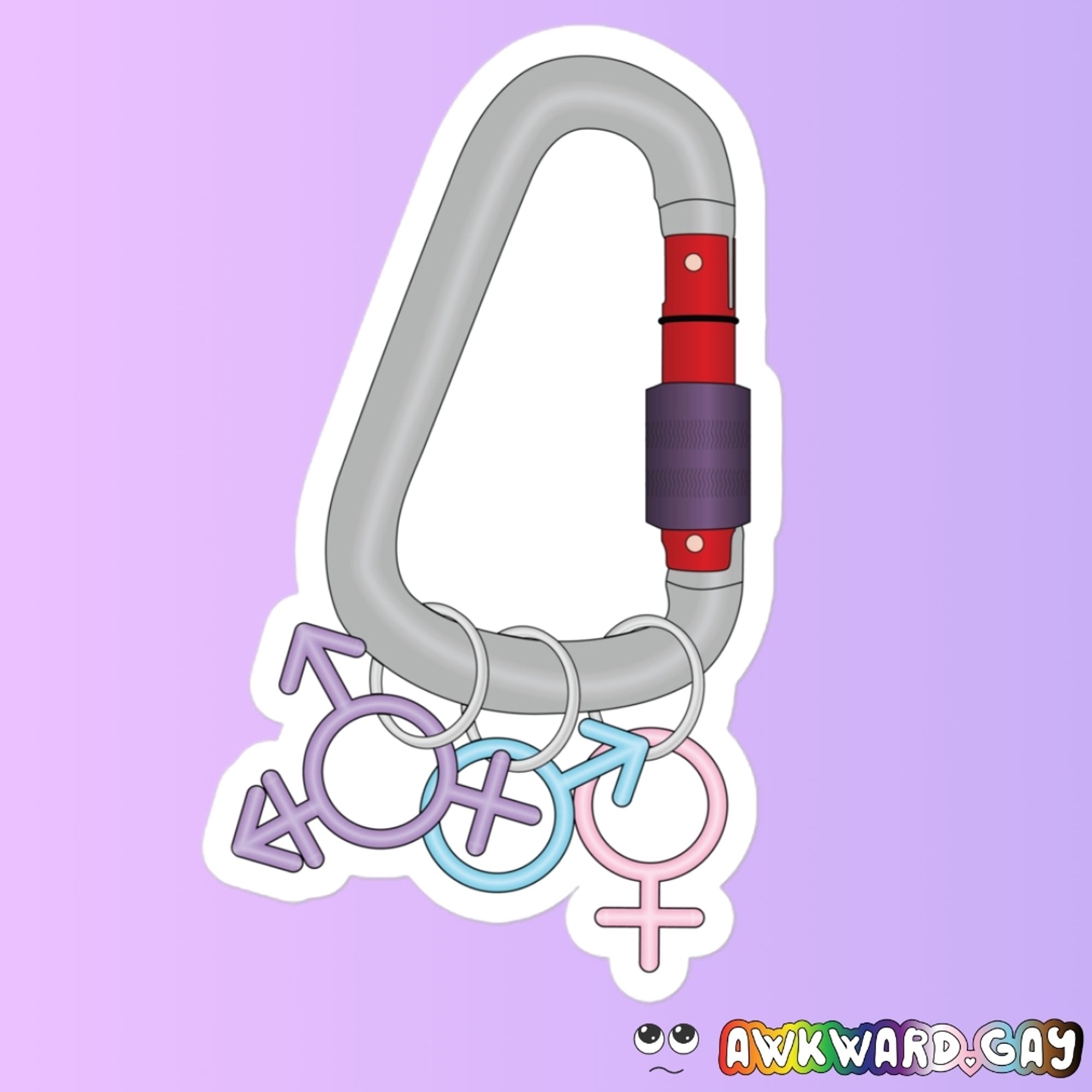 Mockup of a carabner, with 3 keyrings dangling from it in the shapes of the transgender gender symbol, the Mars male symbol, and the Venus female symbol