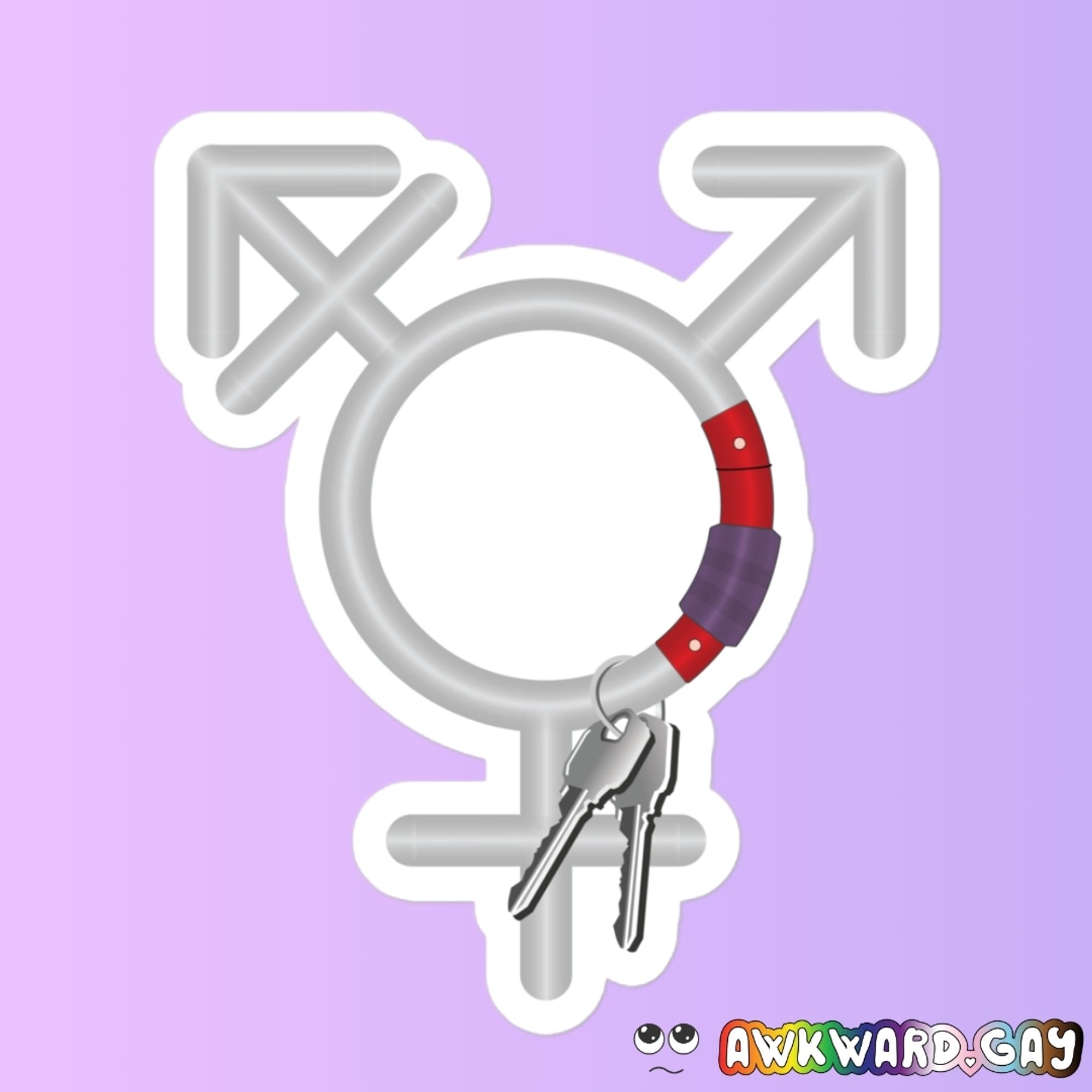 Mockup of a carabner in the shape of the transgender gender symbol, with 2 keys dangling from it